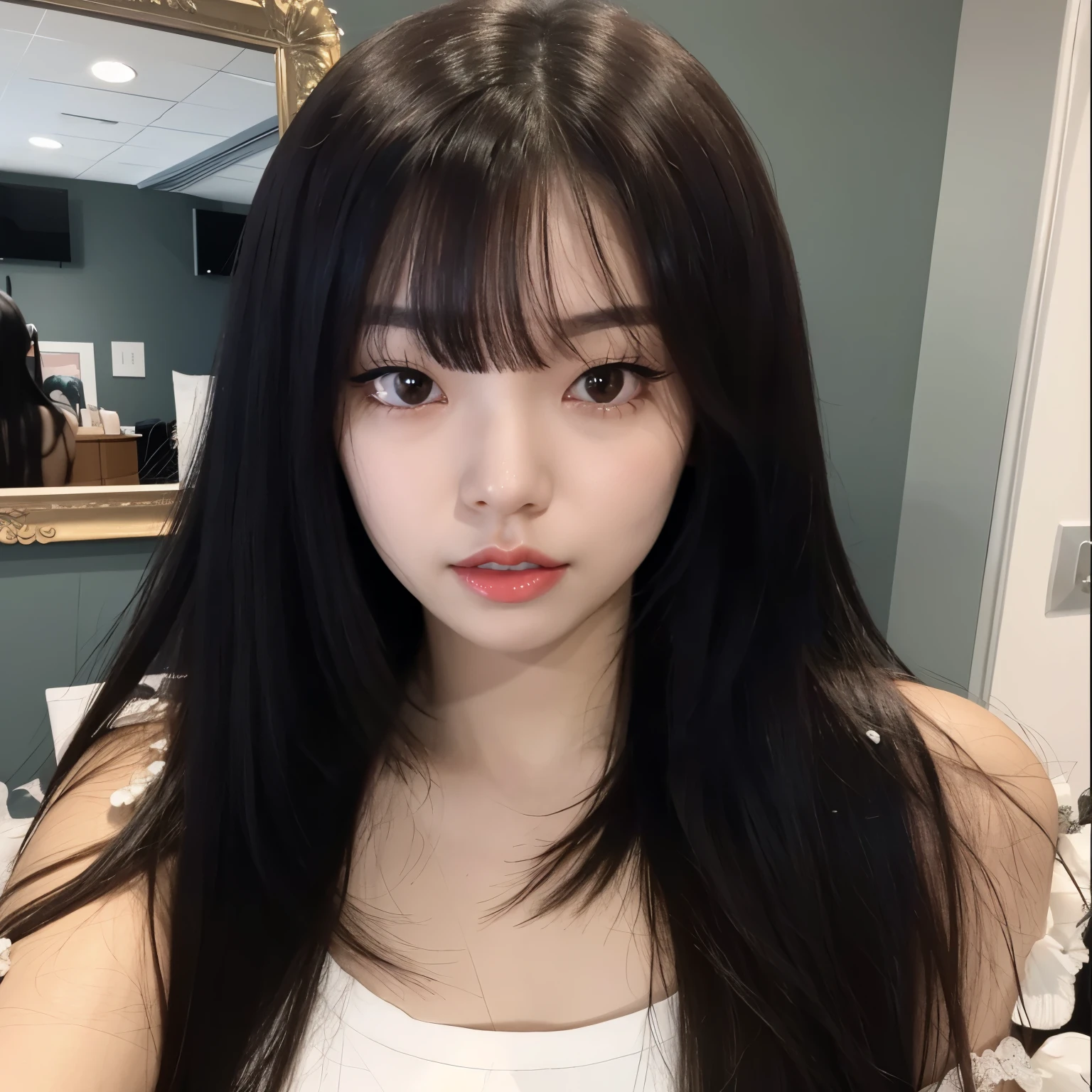 um close up de uma mulher com longos cabelos pretos e um top branco, Ulzzang, she has black hair com franja, Franja reta longa, preto hime corte cabelo, cabelo comprido com franja completa, menina coreana, long hair com franja, neat hair com franja, com franja, O corte Hime, Lalisa Manobal, Mulher sul-coreana bonita