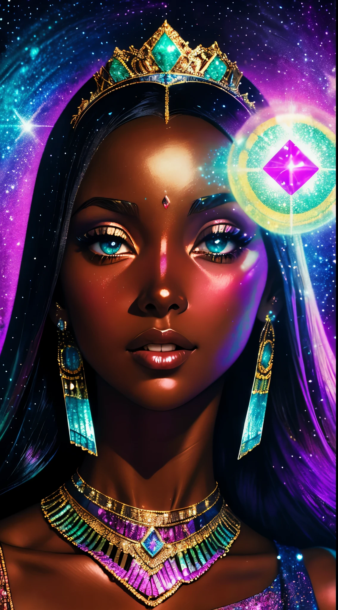 Impressionism drawing of a glamorous black Sudanese queen with dark skin, soft hair, wearing a modern gossamer couture crystal colored dress with a jeweled corset, sparkling eyes, she’s holding a colorful crystal that is prismatic, she is surrounded by small crystals in a cavernblurred, shimmering, cinematic, photorealistic facial features, dark pastel iridescent colors, mystical surrealism, crystalcore, fujifilm superia --ar 2:3 .0, manga art style, bokeh, by norman rockwell --v 6