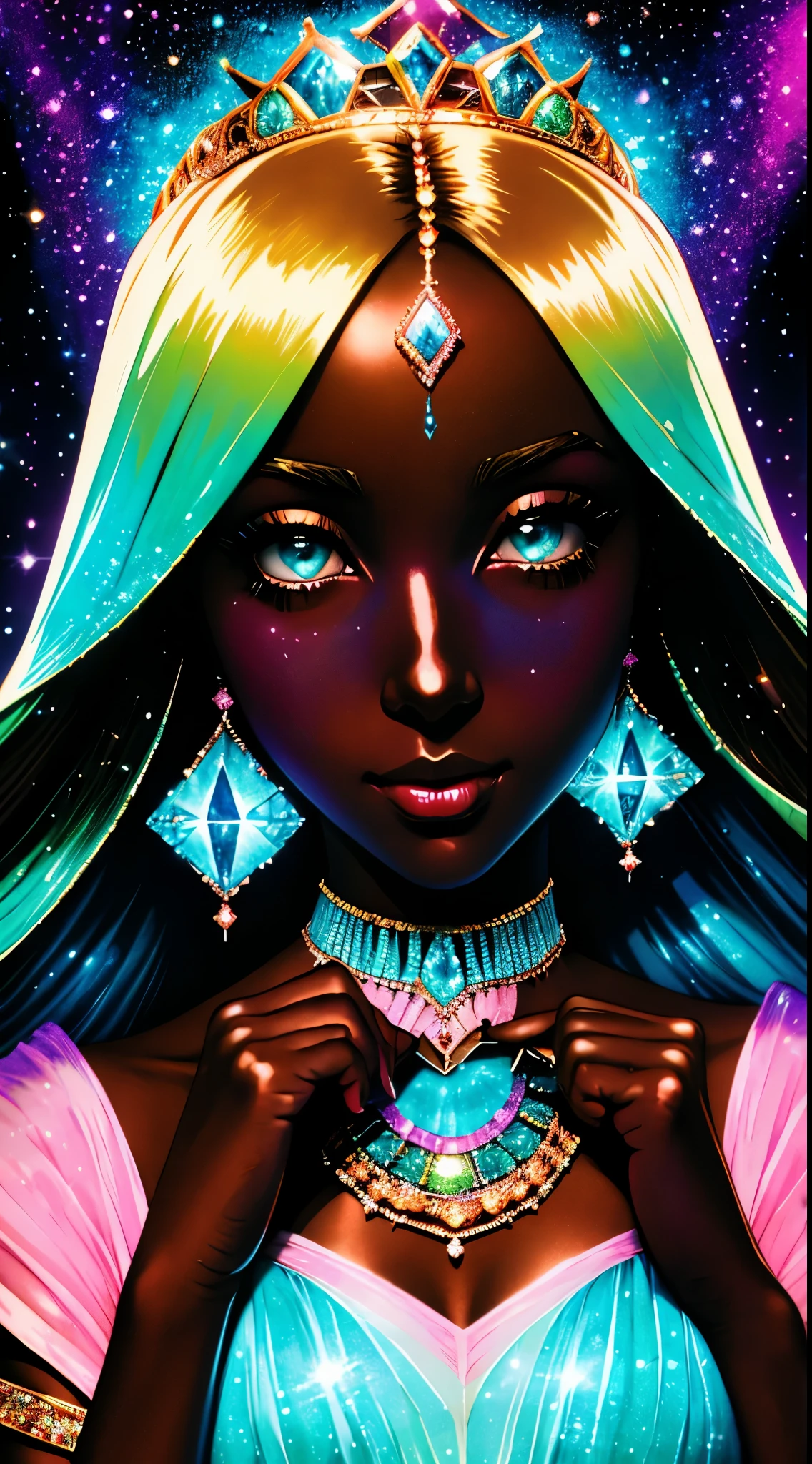 Impressionism drawing of a glamorous black Sudanese queen with dark skin, soft hair, wearing a modern gossamer couture crystal colored dress with a jeweled corset, sparkling eyes, she’s holding a colorful crystal that is prismatic, she is surrounded by small crystals in a cavernblurred, shimmering, cinematic, photorealistic facial features, dark pastel iridescent colors, mystical surrealism, crystalcore, fujifilm superia --ar 2:3 .0, manga art style, bokeh, by norman rockwell --v 6