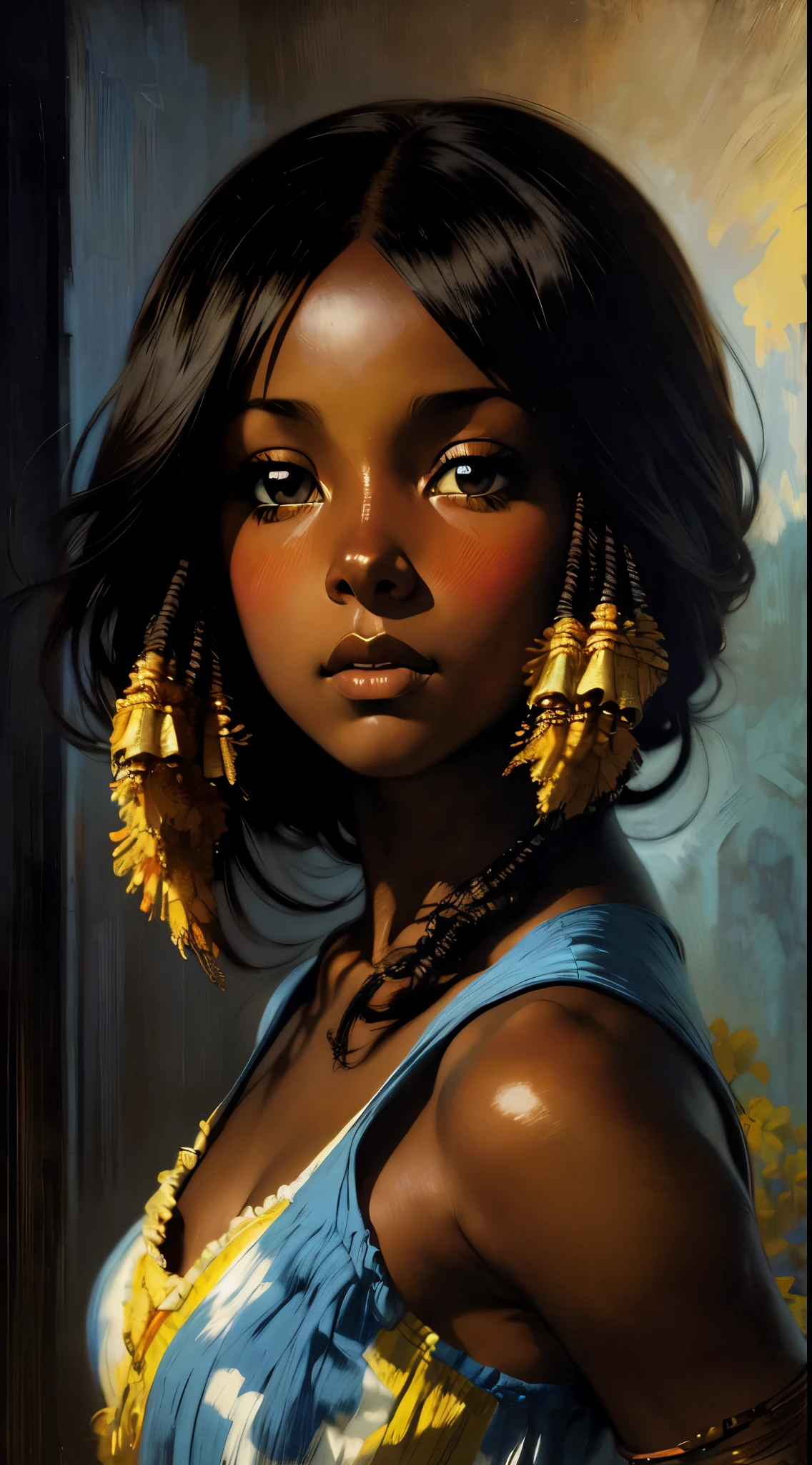 ((Solo Beautiful Carribean woman with dark skin and striking eyes)),  shadowed interior background, art by akihiko yoshida, manga art style, colorfield illustration, scary atmosphere, global illumination, by frank frazetta, art by goro fujita, banner, blur, anime key visual, (blue, yellow and gray colors), photorealistic,  dramatic, anime girl, ((african american features, ebony nose)) , black hair, intricately detailed, chiaroscuro, pino daeni, impressionist (best quality, masterpiece)