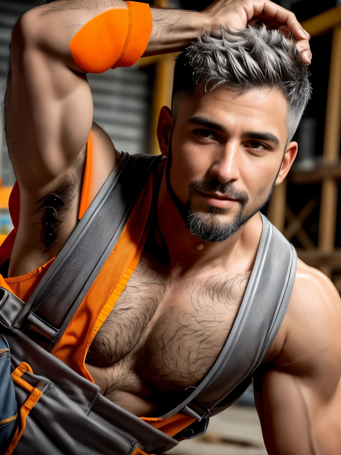 masterpiece, best quality, high resolution, closeup portrait, close up portrait shot, pretty portrait, male focus, solo focus, A man, 35 years old, posing like a magazine model, with construction worker uniform, unbuttoned work clothes, construction worker, silver grey hair, messy hairstyle, bulge, masculine, cute and seductive face, bare chest, body hair, facial hair, roman nose, sweaty, spreading legs, hairy abs, hairy armpit, pubic hair, seductive, very skinny body, hairy legs, dimples, beard, goatee, bold jawline , in the background a construction site, orange safety vest, gay , erotic, amazing composition, front view, HDR, ultra quality, elegant, highly detailed