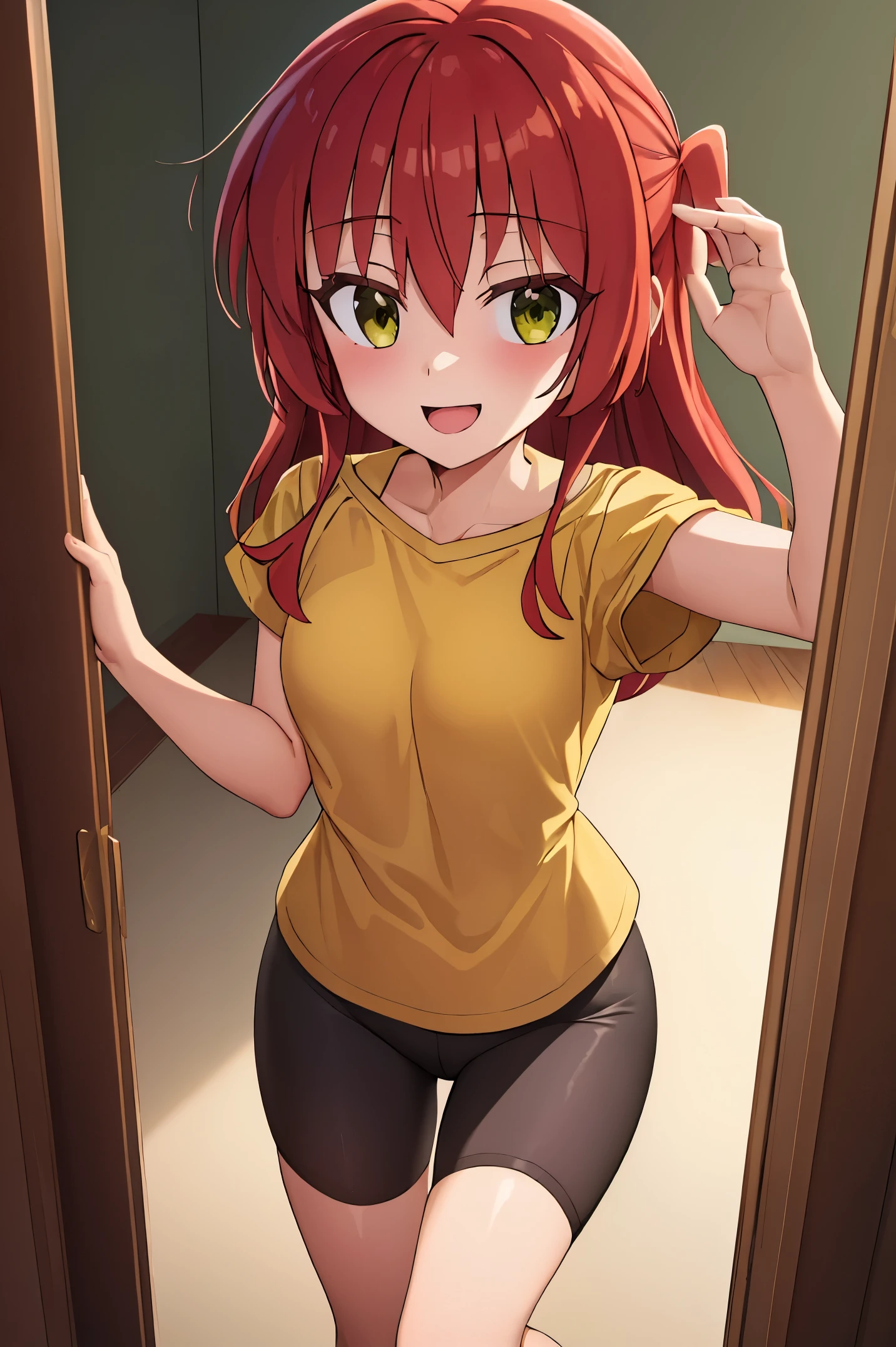 Room, 1 girl, best quality, ultra high res, long hair, red hair, green eyes, yellow shirt, short sleeves, bike shorts, looking at viewers, small breast, standing, pov, slim body, loli body, small body, smile, open mouth,