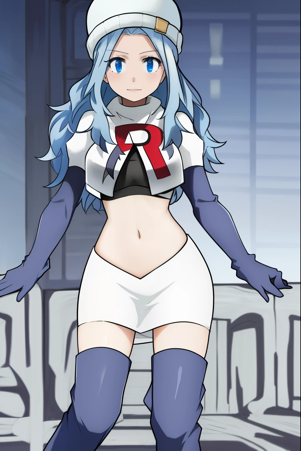 masterpiece, best quality, highly detailed, highres, hdr, 1girl, solo, juvia_lockser,blue eyes,  long hair, hat, team rocket uniform, red letter R, white skirt,white crop top,black thigh-high boots, black elbow gloves