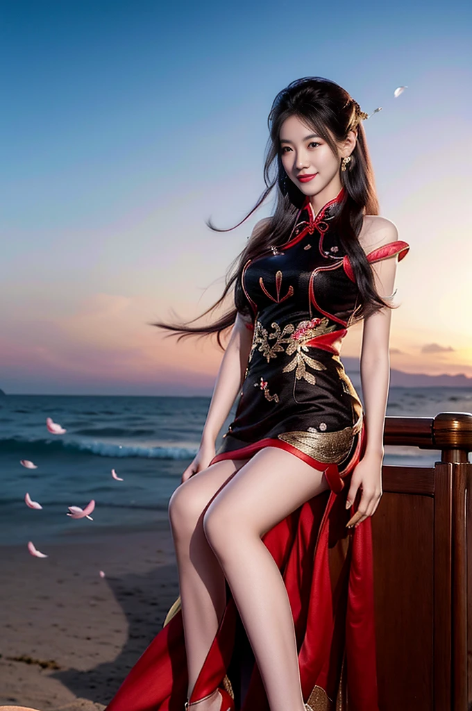 Guo Man Tian Xing Nine Songlame Lingji，new year dress，on cheongsam，Black tights，red high heel pumps，Plump and round figure，Long legorgar, blossoms, delicate scene, Skysky, baiyun, The sun shines on the snow-white beach. birds, pink blossoms and bright big shells, Diamond crystals, On the sandy beach, fanciful, night Skysky, themoon, smokes, firey, photore, k hd, 8K, Uk hd, super detailing, high qulity, 1080p