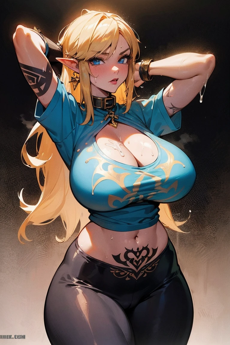 link:1.6, legend of zelda, GS-womanly, Masterpiece, Beautiful, 4K, Detailed, Intricate details, Lingerie, Thick thighs, Wide hips, Large breasts, massive breasts, Tattoos, Tattooed, A MILF, Goth, Long gold hair, Emotional, dark lipstick, Blue eyes, Collar, dog collar. tattoo sleeve, tattooed arms, full tattoo, tattooed body, Leggings, tight leggings, shirt, tee shirt, graphic t shirt, cleavage, dragon arm sleeve，（（（Thoracic beak）））, Sweat, Wet, gigantic breasts:1.2, female ejaculation:1.2, cum overflow, creampie1:2, cum in pussy, cum on body1:2, blonde