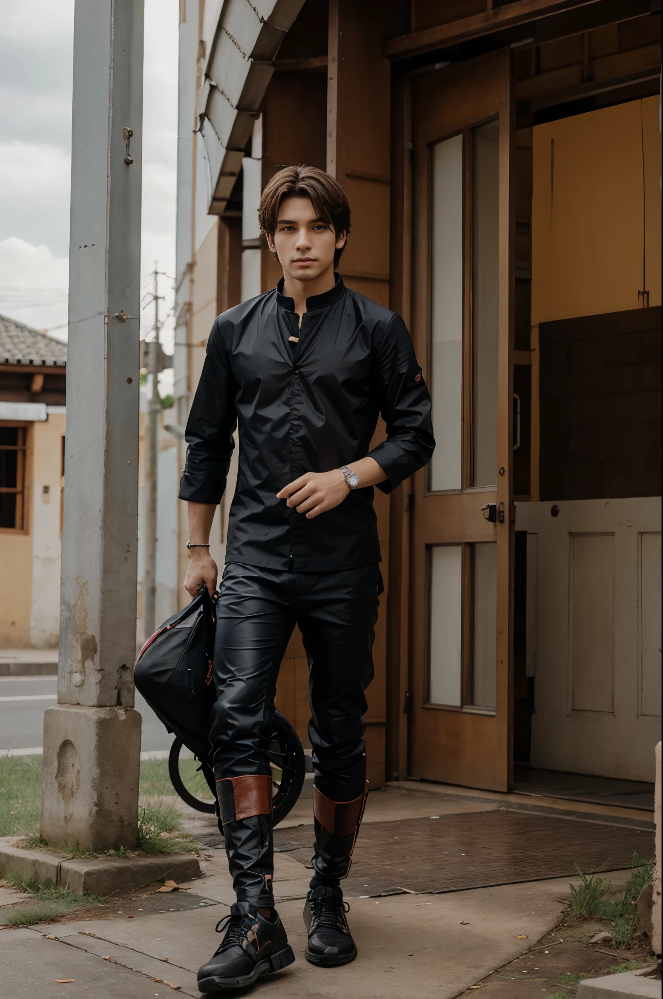 Man wearing kasual clote post besides the motorcycle, anime