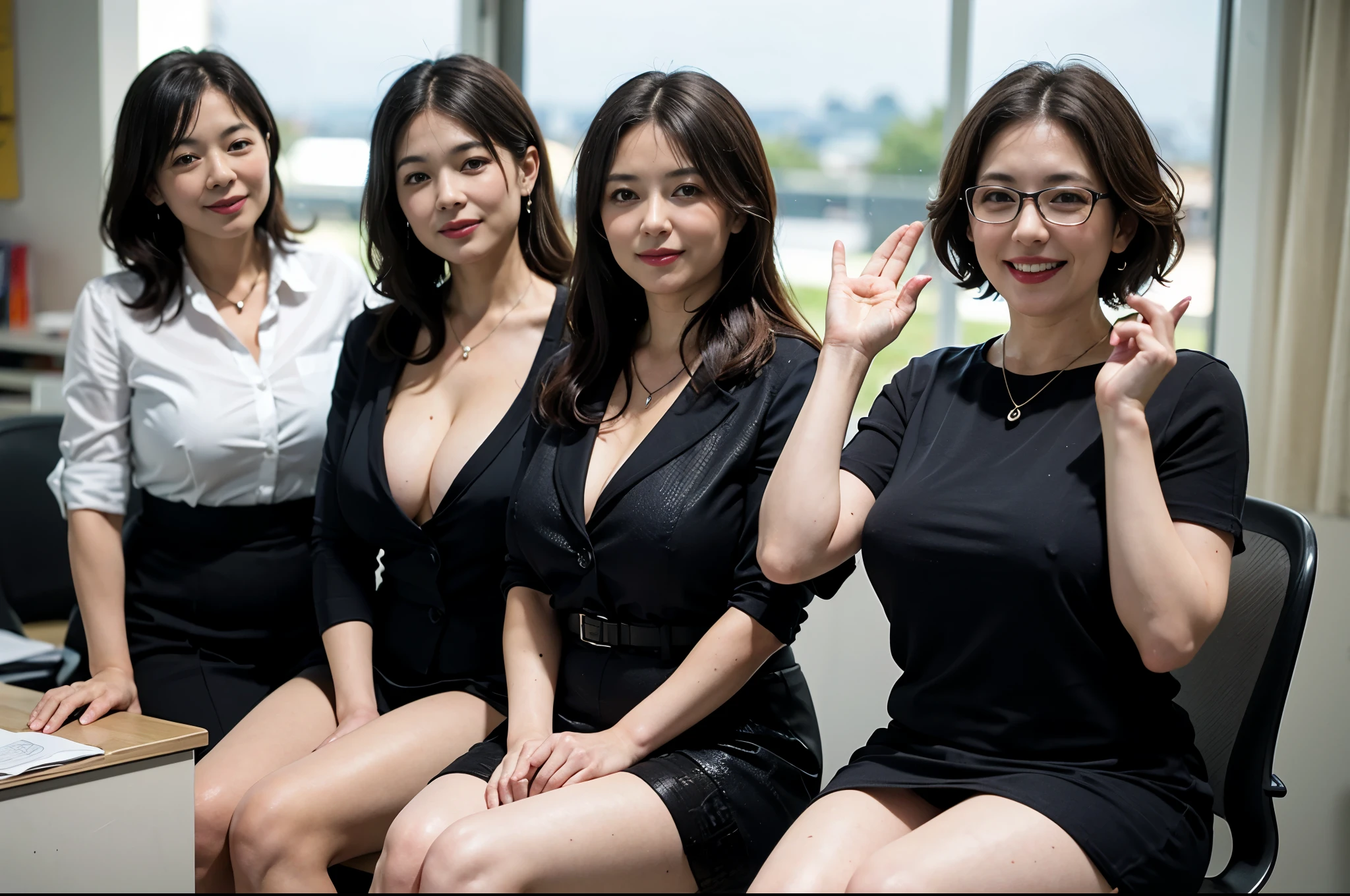 ((Best Quality, 8k, Masterpiecedetails, ultra-high resolution)), (group picture),(looking at the viewer), (full shot:), attractive business 5 milfs, 5 people, a bit chubby:0.15, seductive expression, underwear, (sitting on office desks)), smile, office of CEO,