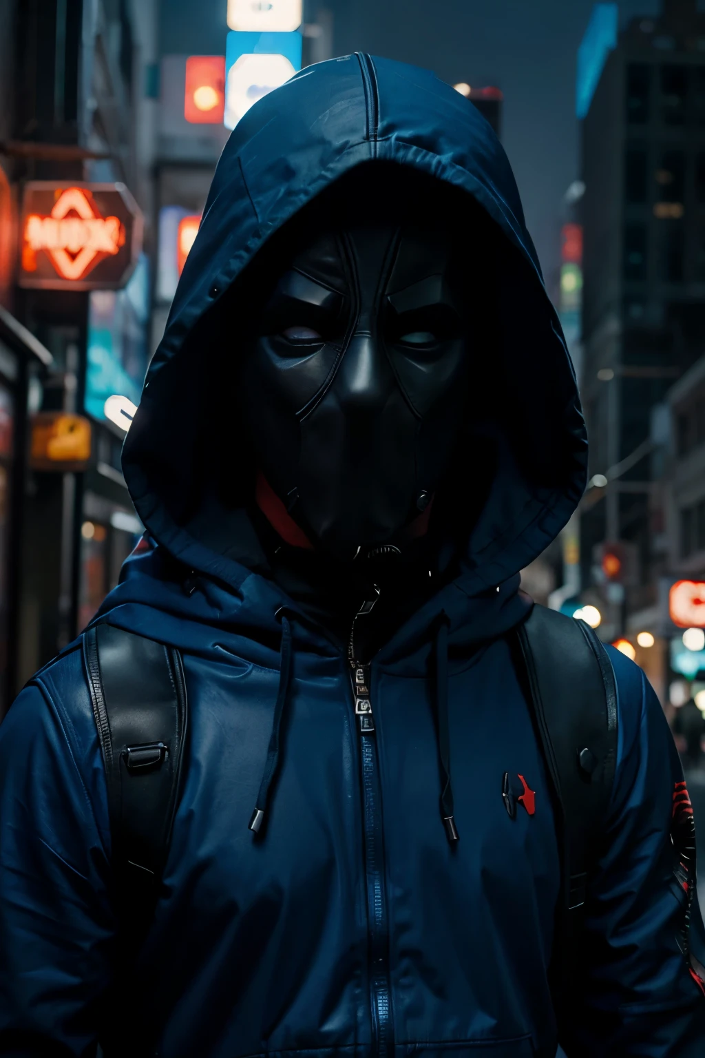 male character, hooded, deadpool, cyberpunk, neon blue, mask, neon blue eyes, 4k