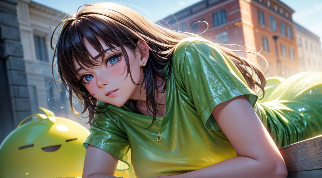 Slime, Cinematic footage, full medium closeup, ultra-detailed:1.1, photo-realistic:1.4, depth of field, cinematic lighting, IMAX camera, HDR, DTM, Full HD, 8k, , 4k, 8k, highres, best quality, sparkling sequins:1.1 subtle, 0.9 soft, warm:1.1 masterpiece:1.2, realistic:1.4, photo-realistic:1.37, ultra-detailed:1.1 best quality, 4k, highres, masterpiece:1.2 detailed, piercing eyes:1.1 masterpiece:1.2 very three-dimensional: 1.2, unreal 5
