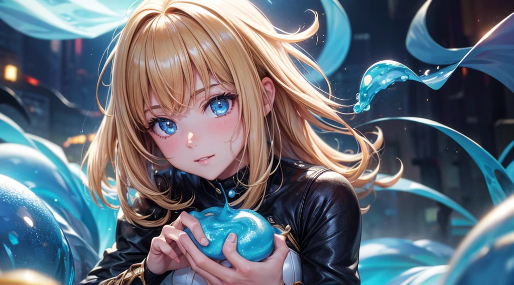 Slime,  Cinematic footage, full medium closeup, ultra-detailed:1.1, photo-realistic:1.4, depth of field, cinematic lighting, IMAX camera, HDR, DTM, Full HD, 8k, , 4k, 8k, highres, best quality, sparkling sequins:1.1 subtle, 0.9 soft, warm:1.1 masterpiece:1.2, realistic:1.4, photo-realistic:1.37, ultra-detailed:1.1 best quality, 4k, highres, masterpiece:1.2 detailed, piercing eyes:1.1 masterpiece:1.2 very three-dimensional: 1.2, unreal 5