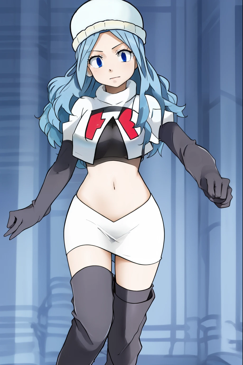 masterpiece, best quality, highly detailed, highres, hdr, 1girl, solo, juvia_lockser,blue eyes, long hair, hat, team rocket uniform, red letter R, white skirt,white crop top,black thigh-high boots, black elbow gloves