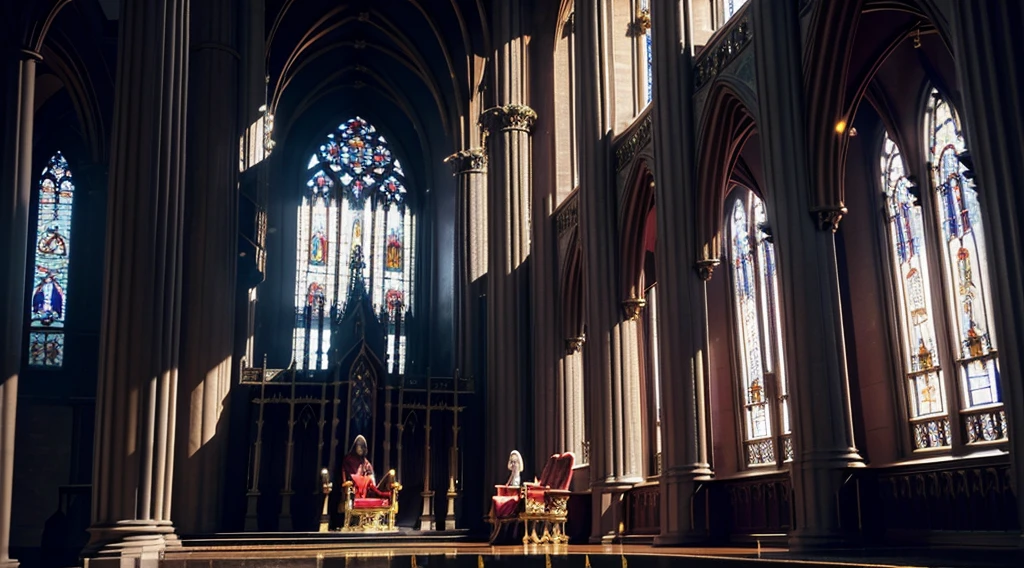 dutch angle, from side, from below | low angle, throne room, stained-glass window at the back, tall archways, raised dais, throne on platform on raised platform, godrays, eerie, queen sitting regally with a blade resting on her lap