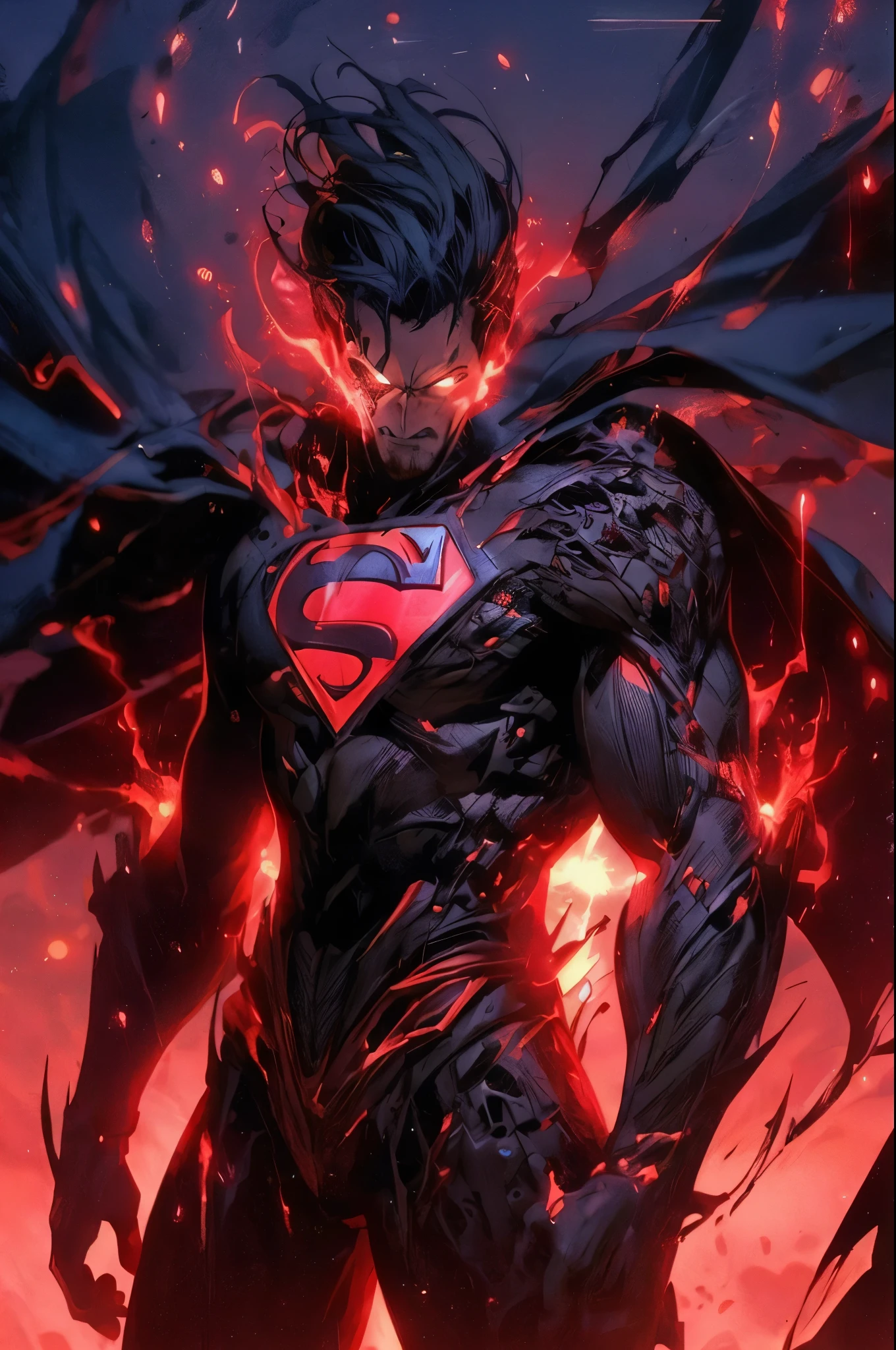 a man in a superman costume standing in front of a red sky, dark supervillain, style of raymond swanland, superman emerging from the sun, textless, by Yang J, by Eddie Mendoza, inspired by Raymond Swanland, guillem h. pongiluppi, by Luis Miranda, by Raymond Swanland, inspired by Jim Lee, by Juan Villafuerte