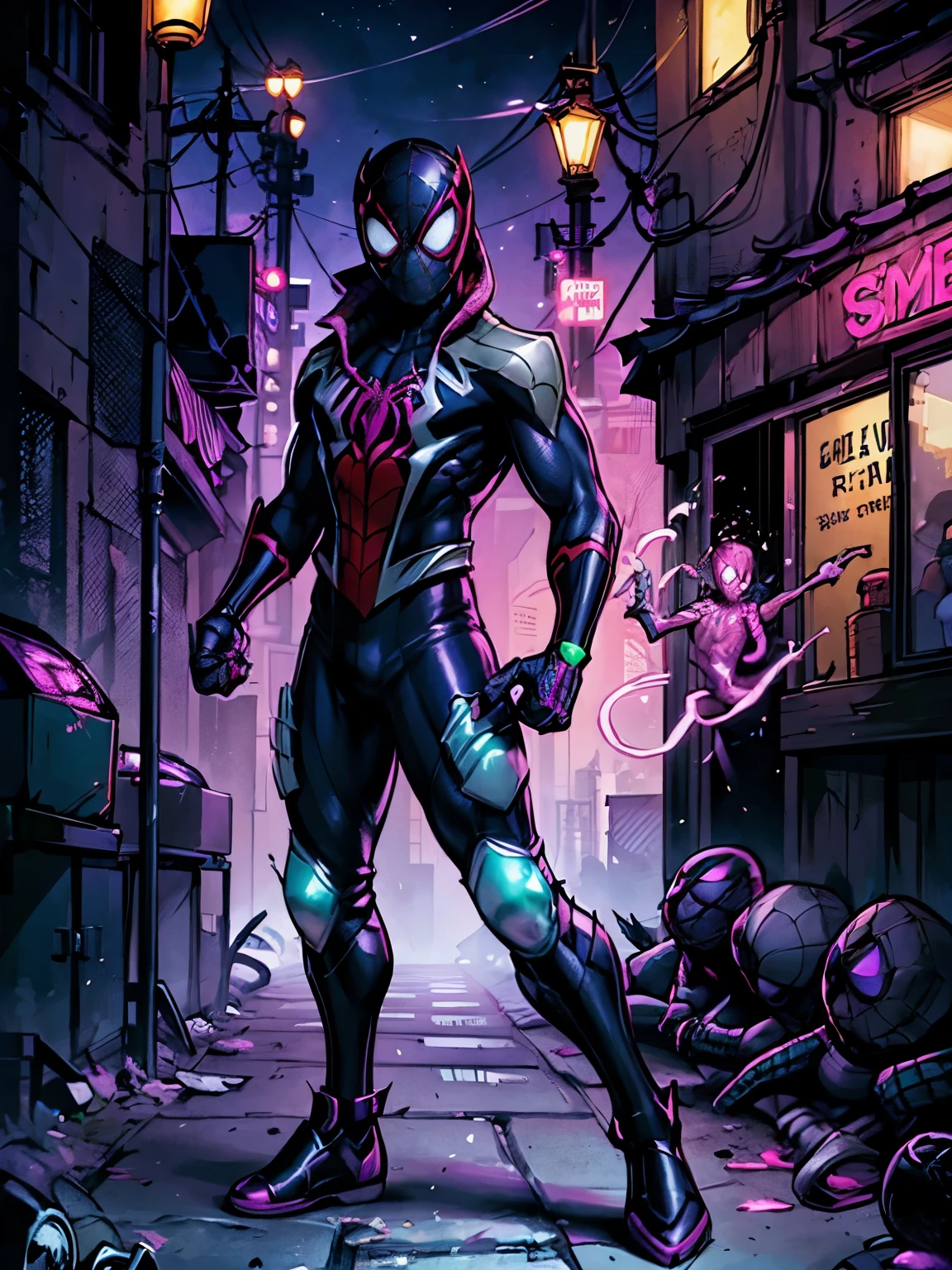 (((My Academic Style Hero))), 1child, Miles Morales, Merodeador Tierra-42, joven, Slim build, Cara cubierta, Cabeza cubierta, Hero suit, Black suit with neon green lines, short purple long-sleeved jacket with neon magenta details, WMASK, WMASK with neon magenta details, black WMASK, WMASK with green eyes, WMASK, Cara cubierta, Cabeza cubierta, ((Spiderman al estilo Spiderverse)), black baggy pants with neon magenta details, Black sneakers with neon green and neon magenta details, mechanical guanteletes plateados metalizados con garras on the fingers, mechanical gauntlets with neon magenta light details, guanteletes plateados metalizados con garras, garras de plata, manos medio cerradas, chaqueta deportiva corta, jacket with neon magenta details, ((El espectacular estilo de la serie Spiderman)), Perfect anatomy, Manos perfectas, Super detailed, En pie, En pie pose, Disparo de vaquero, Disparo de vaquero pose, (Foto de cuerpo entero:1.5), callejones oscuros en el fondo, dark alley with detalles azules y rojos en el fondo, detalles azules y rojos en el fondo, alley in the background,