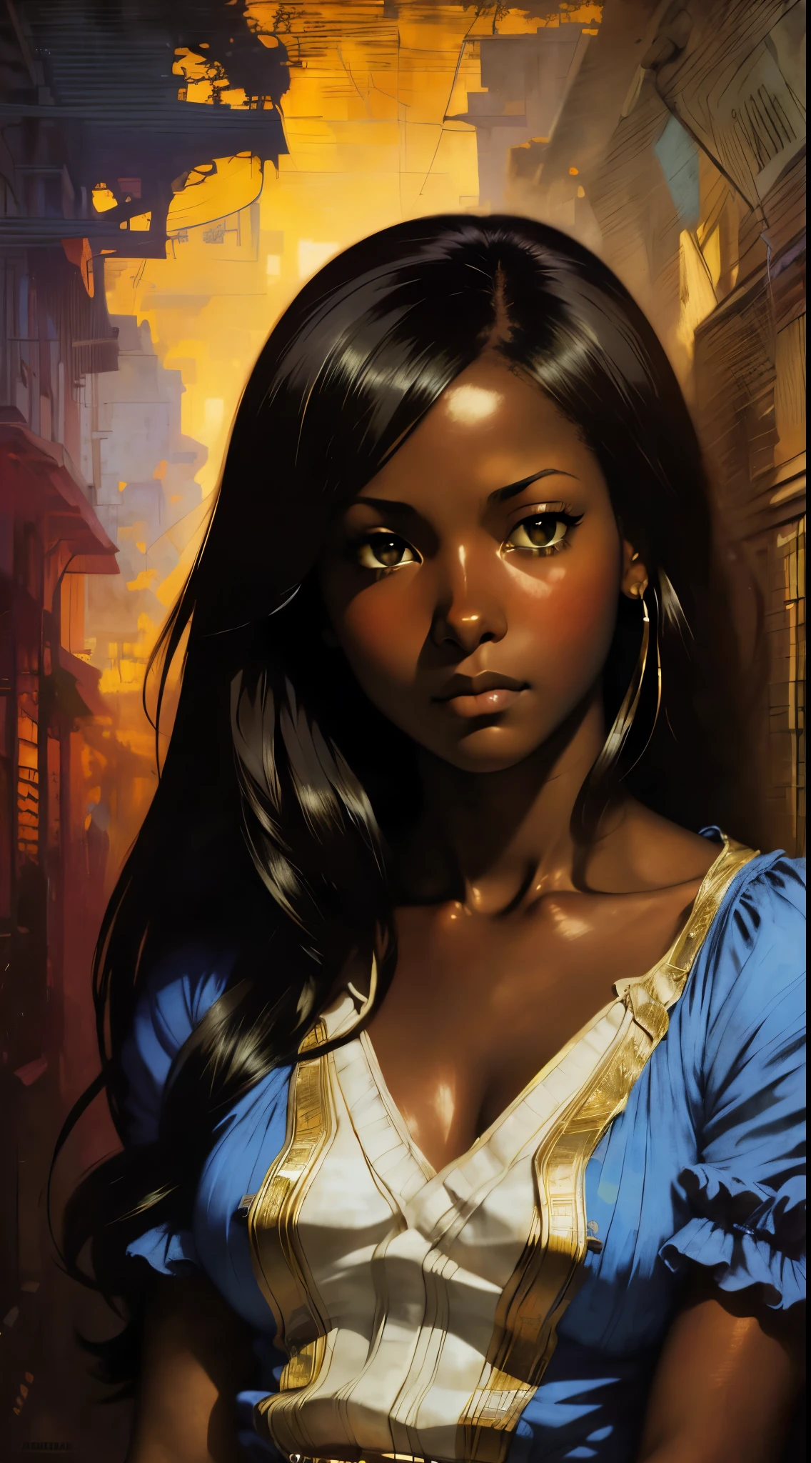 ((Solo Beautiful Carribean woman with dark skin and striking eyes)), shadowed interior background, art by akihiko yoshida, manga art style, colorfield illustration, scary atmosphere, global illumination, by frank frazetta, art by goro fujita, banner, blur, anime key visual, (blue, yellow and gray colors), photorealistic, dramatic, anime girl, ((african american features, ebony nose)) , black hair, intricately detailed, chiaroscuro, pino daeni, impressionist (best quality, masterpiece)