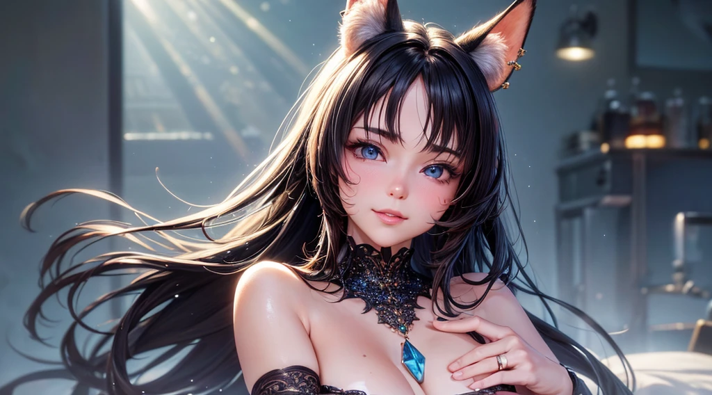 (beautiful ultra-detailed eyes, highly detailed skin, bright and glowing skin:1,1), (fitness body), (Physical Rendering, Professional Lighting, Photon Mapping, Radiosity, Soft Light, Lens Reflection: 1.3), (best shadow), (3D: 0.5, realistic: 0.5, photo-realistic: 1.4), (Sharp focus: 1.5), (sharp focus:1.2), (beautiful face:1.1), (eye makeup:1.2), (tight body:1.2), (highest quality), (8k, best quality, masterpiece:1.3) ((masterpiece, best)), (best illustration), (high detailed skin:1.erfect face:1.1), (high detail:1.1), (detailed random background: 1.3), Cinematic footage, full medium closeup, gorgeous 18-year-old kemonomimi woman soft pale skin, cute and youthful face, well-defined eyebrows, delicate nose, ultra-detailed:1.1, photo-realistic:1.4, depth of field, cinematic lighting, IMAX camera, HDR, DTM, Full HD, 8k, flared, medium breasts, slim, smile, standing, 8K picture quality, sexy seduction, 4k, 8k, highres, best quality, plump and round lips 1.4, realistic:1.37 long, flowing:1.1 luscious, plump:1.parkling sequins:1.1 sle, 0.9 softarm:1.1 masterpiece:1.2, realistic:1.4, photo-realistic:1.37, ultra-detailed:1.1 busty animal ears, beautiful, detailed ears:1.1 best quality, 4k, highres, masterpiece:1.2 detailed, piercing eyes:1.1 masterpiece:1.2 very three-dimensional: 1.2, unreal 5