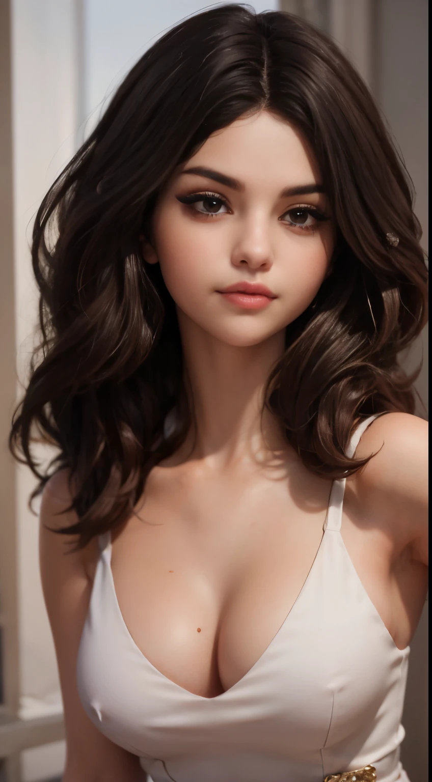 photo of Selena Gomez, RAW, beautiful woman, ((portrait)), ((detailed face:1.2)), ((detailed facial feature, detailed skin, clear skin), (perfect proportioned body), (wearing a low cut dress) (high detailed city environment, apartment balcony), (realistic photo, best quality, detailed), (8k wallpaper), (cinematic lighting, dramatic lighting) (sharp focus, intricate)