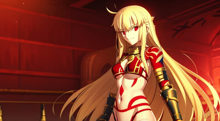 (1 girl, solo), Gilgamesh, genderswap, blonde golden hair, Red eyes, naked, bikini armor, belly, stomach, navel, underboobs, long hair, redline tattoo, simetris tattoo, (ultra high quality), perfect face, detailed, 8k, masterpiece, gate of babylonia, hedonis smile
