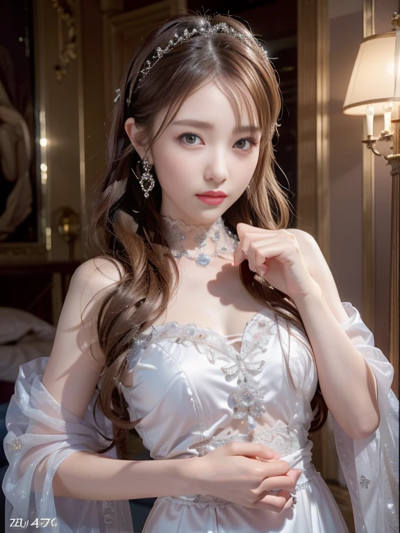 Nikon Z 85mm, ((highest quality)) ((masterpiece)), intricate details, sharp focus, professional, photorealistic, surrealistic, photorealism, fine detail, top quality, highly detailed CG Unity 32k wallpaper, perfect artwork, shiny hair, glowing eyes, shiny skin, realistic, perfect female figure, constricted waist, Very delicate and beautiful, best quality, beautiful detailed girl, staring at the viewer, smile: 1.4, beautiful fine eyes, face lights, see-through, long white wedding dress, wedding ring on ring finger, realistic expression of face, intricate details, makeup, perfect proportions (detailed beautiful delicate face, detailed beautiful delicate eyes, face) perfect proportions, detailed skin, detailed skin, standing figure, best ratio 4 fingers and 1 thumb, bedroom: 1.4,