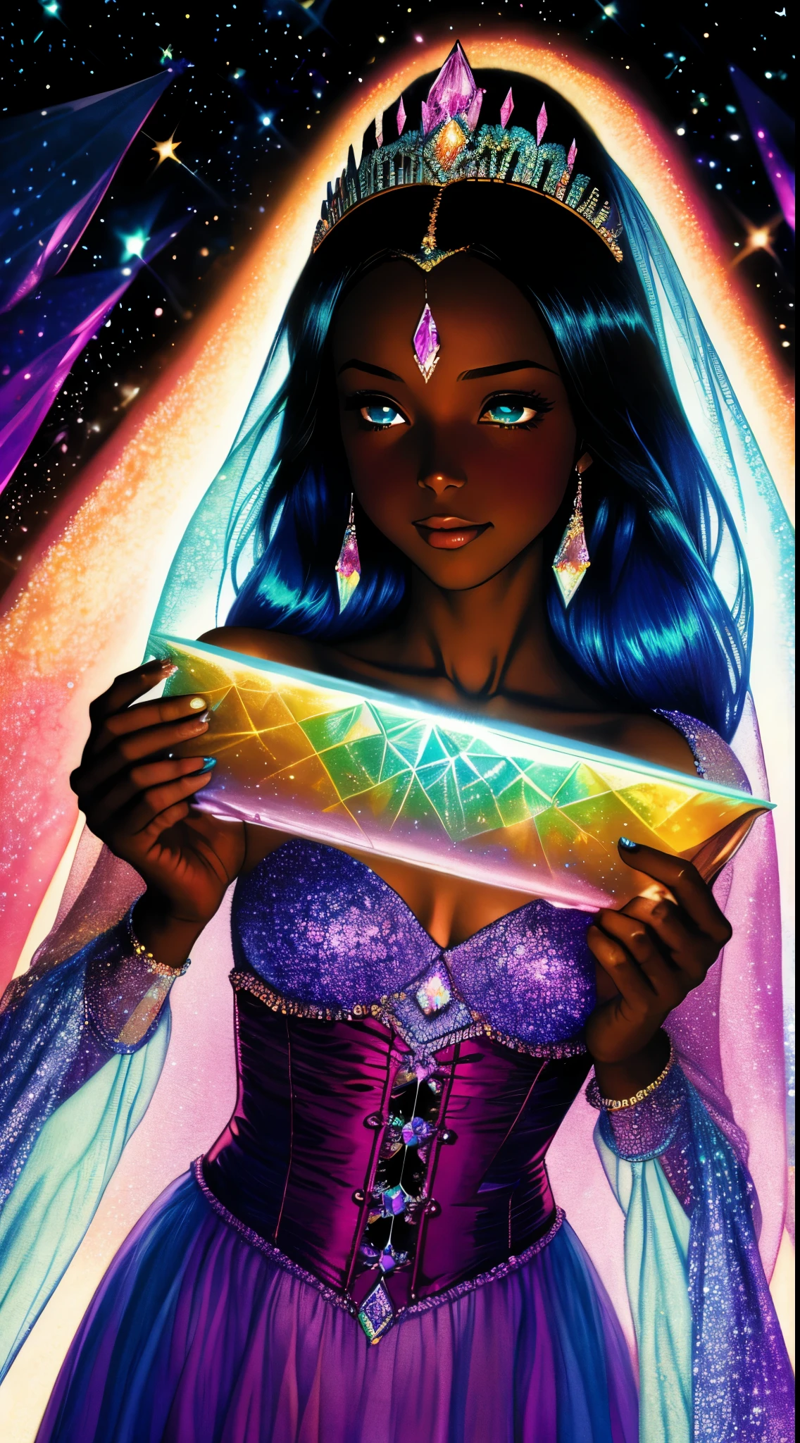 Impressionism drawing of a glamorous black Sudanese queen with dark skin, soft hair, wearing a modern gossamer couture crystal colored dress with a jeweled corset, sparkling eyes, she’s holding a colorful crystal that is prismatic, she is surrounded by small crystals in a cavern blurred in the background, depth of field, shimmering, cinematic, photorealistic facial features, dark pastel iridescent colors, mystical surrealism, crystalcore, fujifilm superia --ar 2:3 .0, manga art style, bokeh, by norman rockwell --v 6