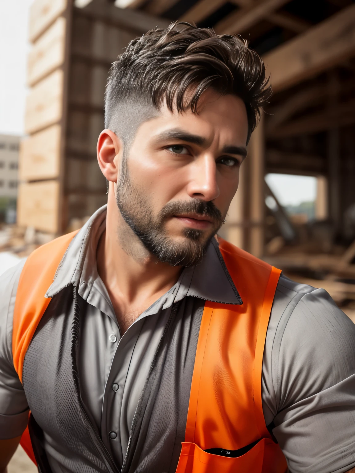 masterpiece, best quality, high resolution, closeup portrait, close up portrait shot, pretty portrait, male focus, solo focus, A man, 35 years old, posing like a magazine model, with construction worker uniform, unbuttoned work clothes, construction worker, silver grey hair, messy hairstyle, bulge, masculine, cute and seductive face, bare chest, body hair, facial hair, roman nose, sweaty, spreading legs, hairy abs,  hairy armpit, pubic hair, seductive, very skinny body, hairy legs, dimples, beard, goatee, bold jawline , in the background a construction site, orange safety vest, gay , erotic, amazing composition, front view, HDR, ultra quality, elegant, highly detailed