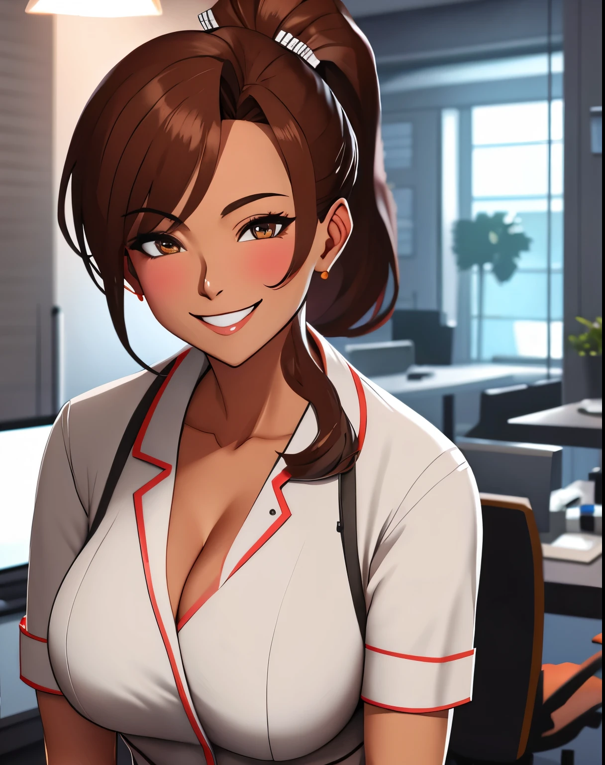 (Best quality:1.3), brown ponytail,cleavage, nurse outfit, smiling,
