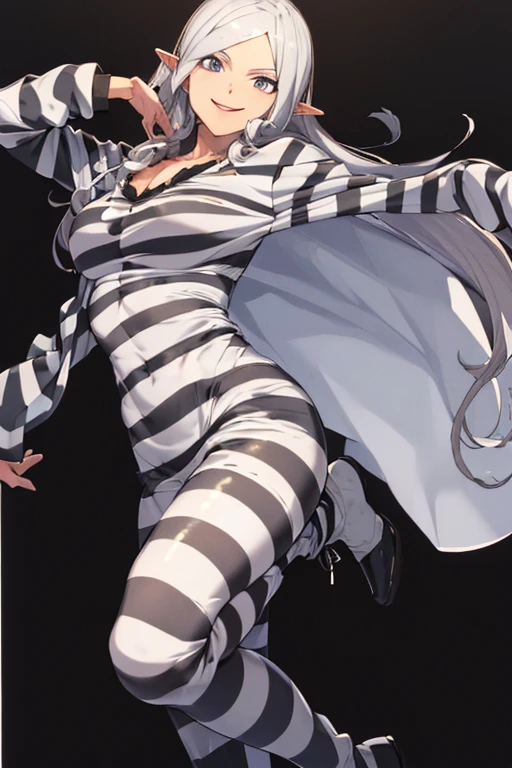 ((masterpiece,best quality)), absurdres, Aura_Shurifon, solo, smiling, looking at viewer,  ((priclothes)), ((striped clothes)), prisoner, clothes, clothing, outfit, shirt, long sleeves, black and white stripes,