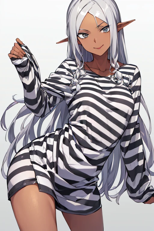 ((masterpiece,best quality)), absurdres, Aura_Shurifon, solo, smiling, looking at viewer,  ((priclothes)), ((striped clothes)), prisoner, clothes, clothing, outfit, shirt, long sleeves, black and white stripes,