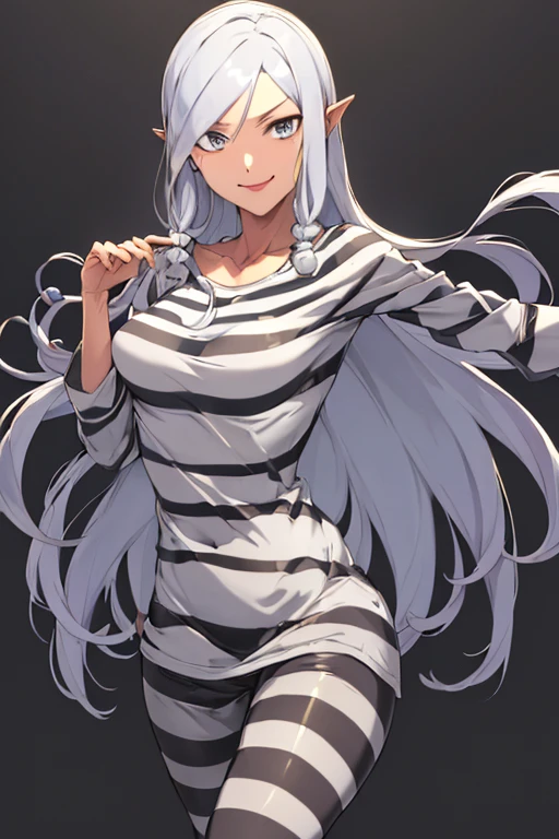 ((masterpiece,best quality)), absurdres, Aura_Shurifon, solo, smiling, looking at viewer,  ((priclothes)), ((striped clothes)), prisoner, clothes, clothing, outfit, shirt, long sleeves, black and white stripes,