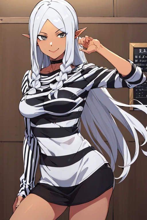 ((masterpiece,best quality)), absurdres, Aura_Shurifon, solo, smiling, looking at viewer,  ((priclothes)), ((striped clothes)), prisoner, clothes, clothing, outfit, shirt, long sleeves, black and white stripes,