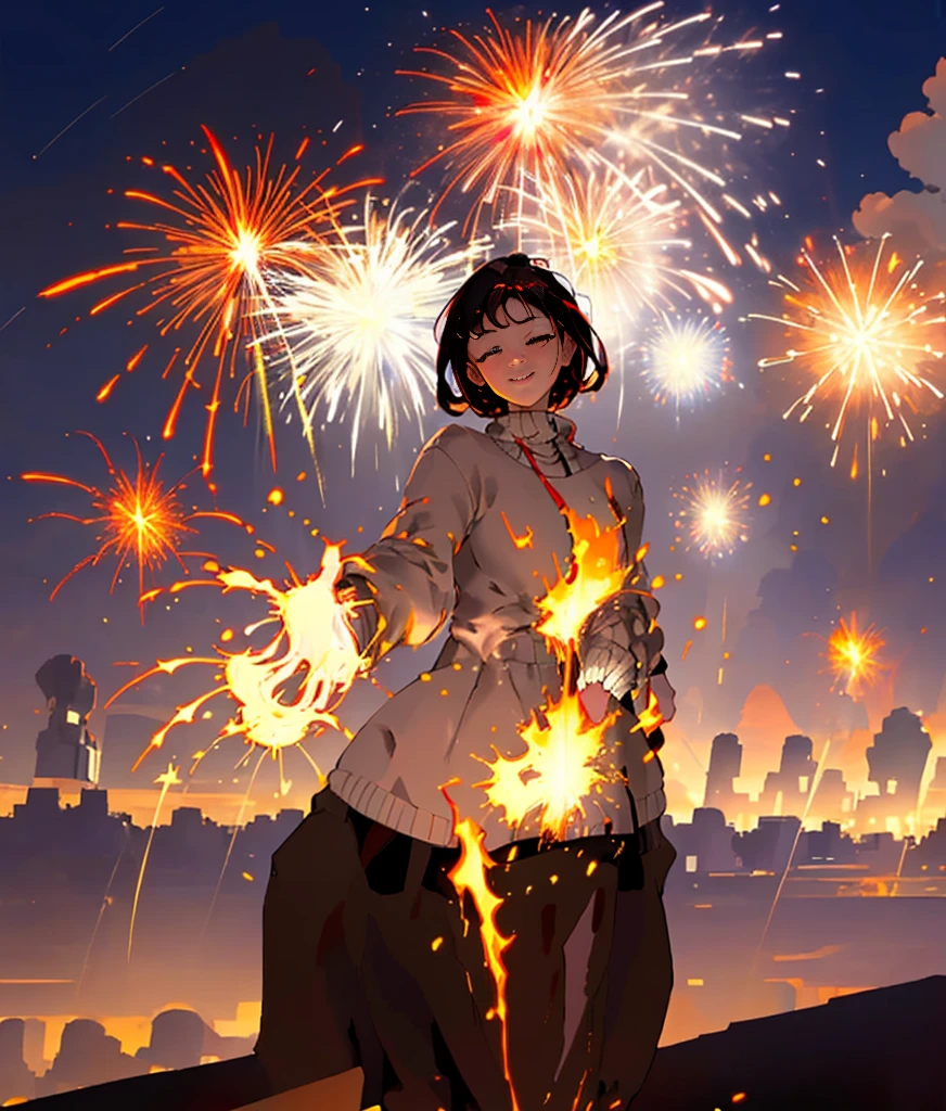 fire works, fire works, fuzzy, the night, ngel, 1 girl, brunette color hair, fuzzy background, Skysky, Outdoor activities, Alone, longer sleeves, The upper part of the body, the night Skysky, depth of fields, Sweaters, aerial fire works,