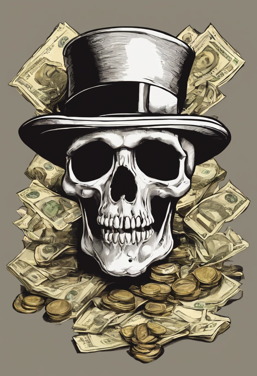 Skull head,Capone hat,cartoon,Red ,feather on hat ,black Background ,Dollar sign in eyes,cigar in mouth