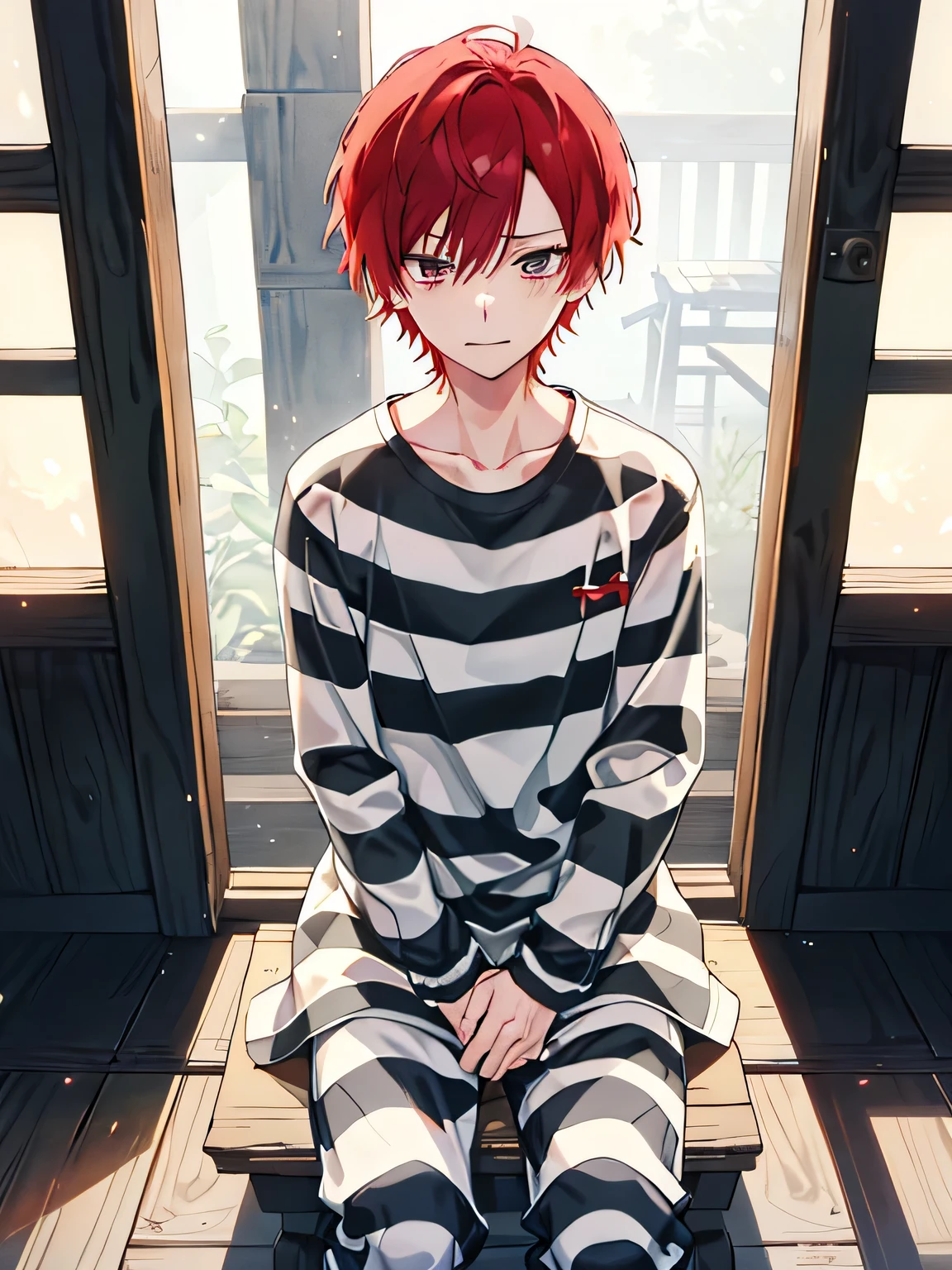 1boy, Handsome man, Solo,Very short red hair, red hair, up looking_で_viewer, ((masutepiece,Best Quality)), Beautiful detailed eyes, beautifull detailed face、Sleepy face、sleepy expression、A slight smile, (((priclothes))), (((striped clothes))), shirt, outfit, (long sleeves), prisoner, clothes, clothing, black and white stripes, prison cell,