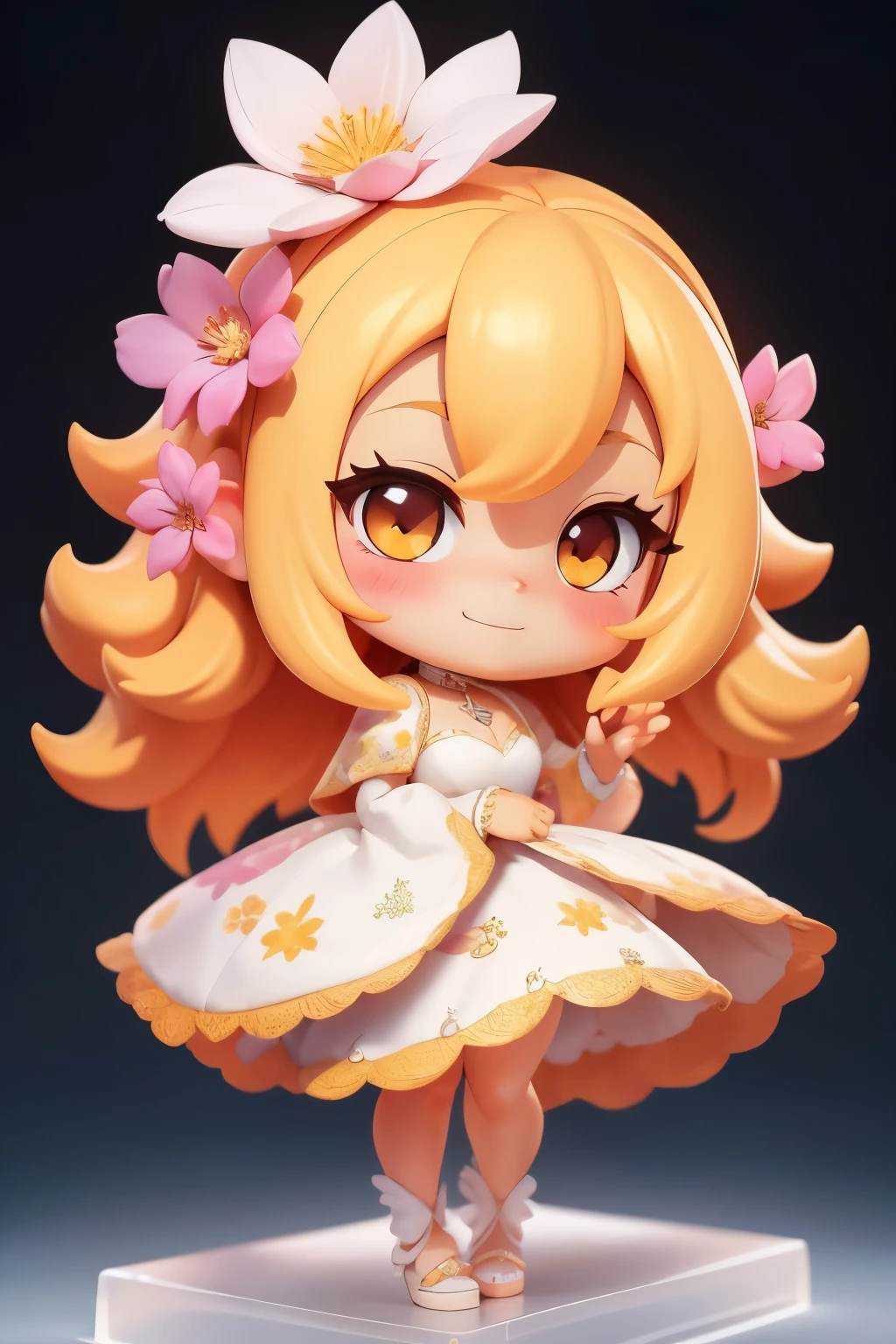 photoRealstic、Nendroids in wedding dress standing in front of the painting、A smile、watercolor Nendoroid、(High Definition Figure)、Flowing iridescent silk、up of face、Eye Up、Colorcon with heart pattern、Floral dress、There is also a flower in front of the petal below the Nendoroid.、season!!: 夏天☀ 🍂