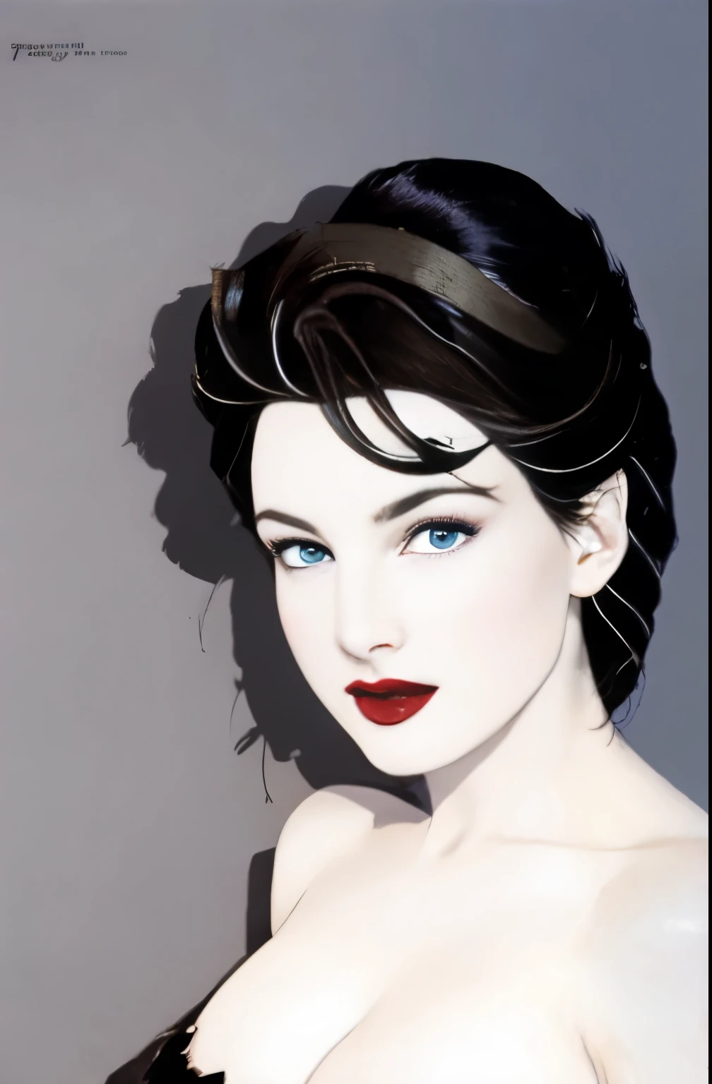 (Masterpiece Art:1.1), (Best Quality), Woman with strapless dress and lipstick, greybackground, Art style by Patrick Nagel, Beautiful, highly detailed painting, (highly detailed slope), (Detailed face), (Detailed eyes:1.1), (Perfect breasts), modelshoot, Professional Photography, Official art, Synth Wave,  8K, hard disk, High quality,  awardwinning, poneyTail,