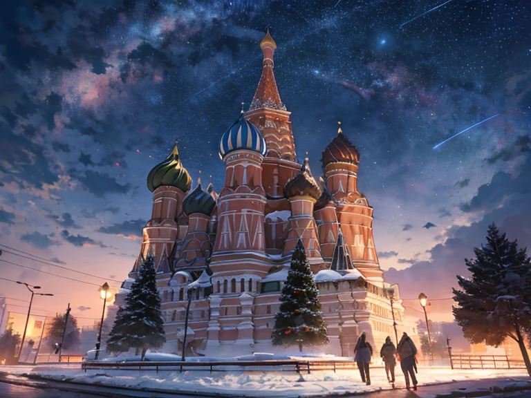 soviet union　moscow　Star trails are visible in the sky　St. Basil's Cathedral　spasskaya tower　Kremlin　Diorama style　The color of the sky with a beautiful gradation　natta　very beautiful scenery　8K　Top image quality　​masterpiece