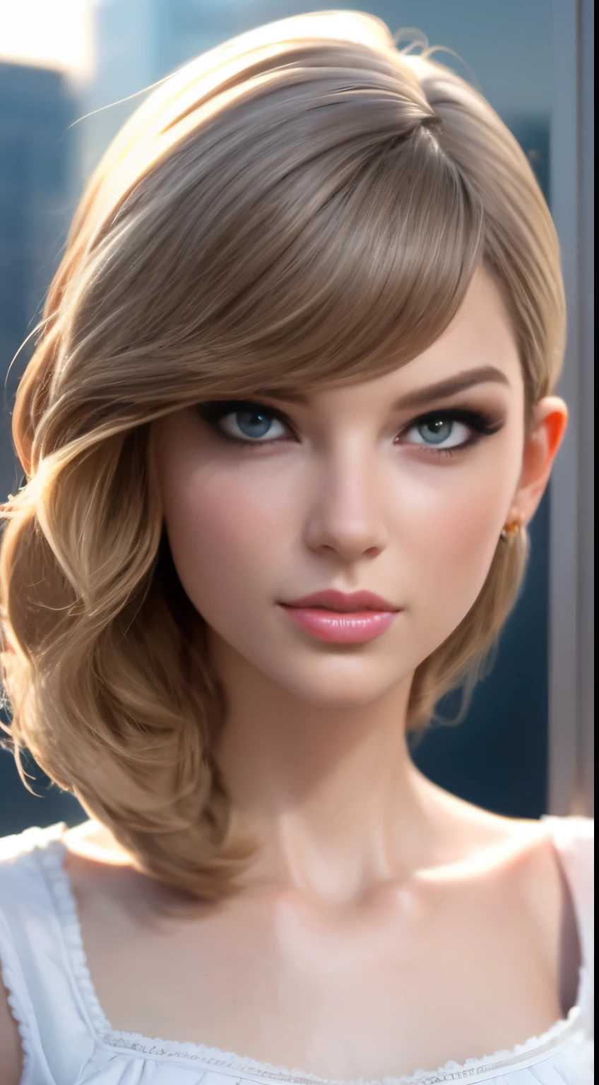 photo of Taylor Swift, RAW, beautiful woman, ((portrait)), ((detailed face:1.2)), ((detailed facial feature, detailed skin, clear skin), (perfect proportioned body), (wearing a sun dress) (high detailed city environment, apartment balcony), (realistic photo, best quality, detailed), (8k wallpaper), (cinematic lighting, dramatic lighting) (sharp focus, intricate)