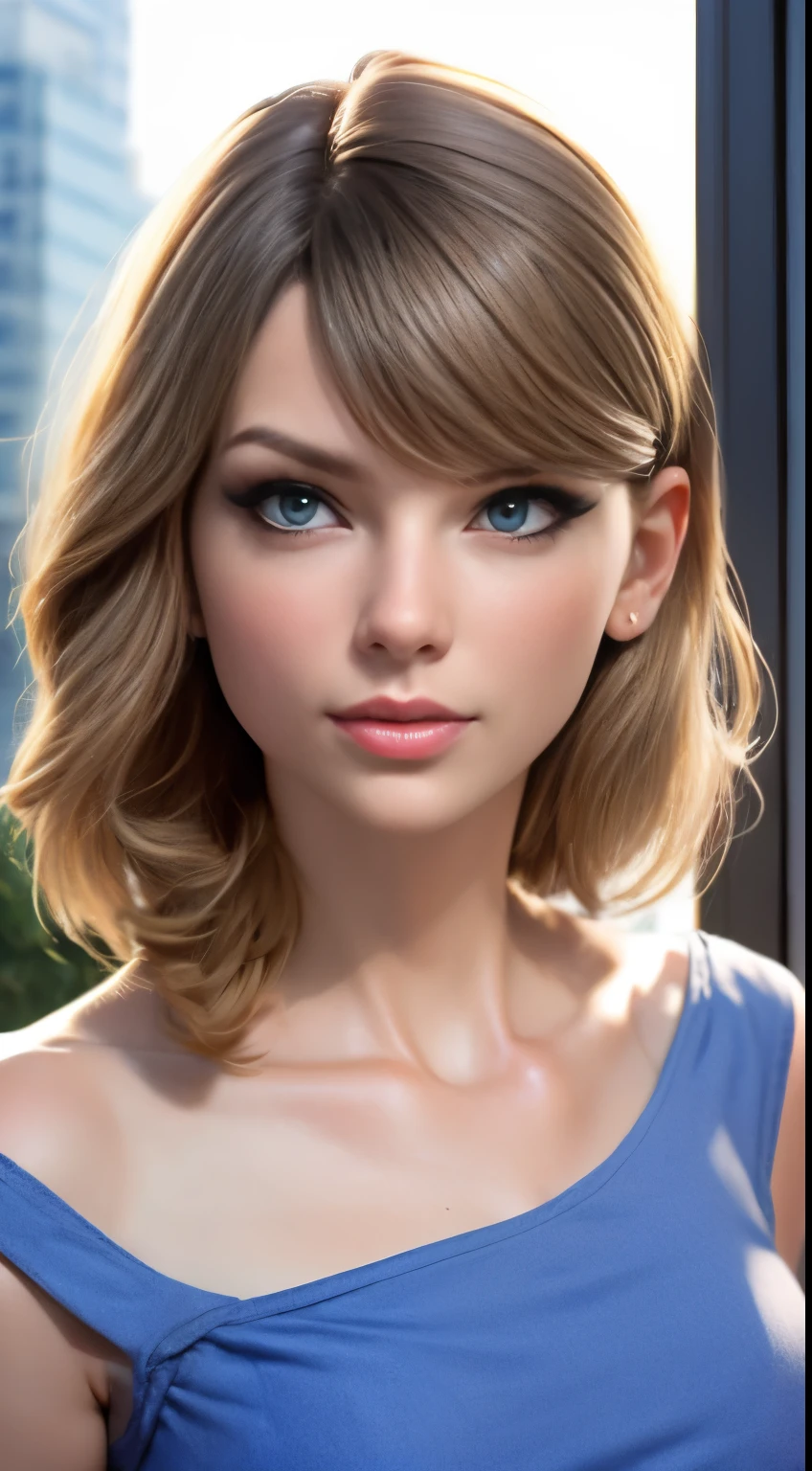 photo of Taylor Swift, RAW, beautiful woman, ((portrait)), ((detailed face:1.2)), ((detailed facial feature, detailed skin, clear skin), (perfect proportioned body), (wearing a sun dress) (high detailed city environment, apartment balcony), (realistic photo, best quality, detailed), (8k wallpaper), (cinematic lighting, dramatic lighting) (sharp focus, intricate)