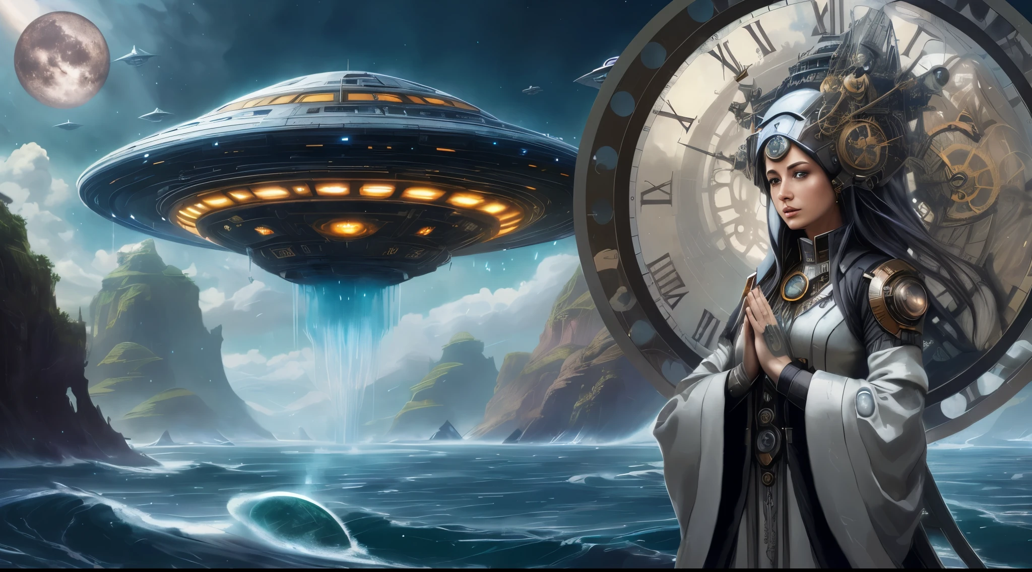 there is a woman standing in front of a clock with a spaceship in the background, sci-fi fantasy wallpaper, epic fantasy sci fi illustration, sci-fi fantasy art, epic scifi fantasy art, mystical sci-fi concept art, sci-fi high fantasy, sci-fi fantasy desktop wallpaper, by Johfra Bosschart, futuristic utopian fantasy, award winning scifi art