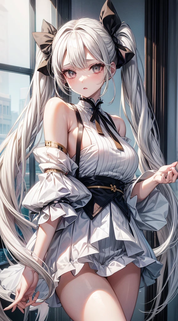 Girl,albino,white hair,white skin, gray eyes, very long hair, (twintail:1.4), hair accesory, she wearing a off shoulder sezy and exposing miko outfit