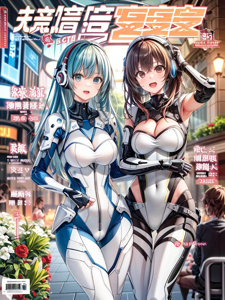 top-quality、masuter piece、covers、2girls、(White spacesuit)、(a blond):1.5、(Futuristic, Tight Fit Bodysuit)、head phone、Cyberpunk futuristic city background、masterpiece、top-quality、