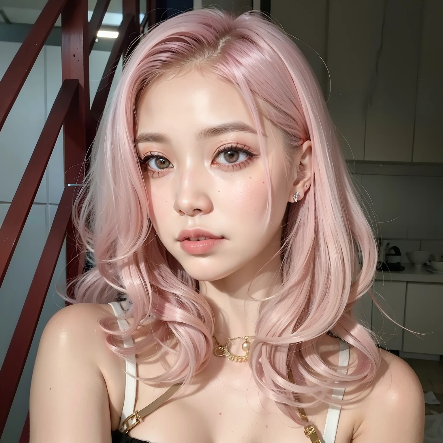 there is a woman com cabelo rosa and a brown dress, tom de pele rosa pastel, cabelo rosa claro, maquiagem sul-coreana popular, flowing pink hair, maquiagem coreana popular, cabelo rosa wispy, extremely pale blond hair, com cabelo rosa, long flowing pink hair, cabelo rosa claro pastel muito longo, long cabelo rosa claro, cabelo liso rosa, branco hime corte penteado