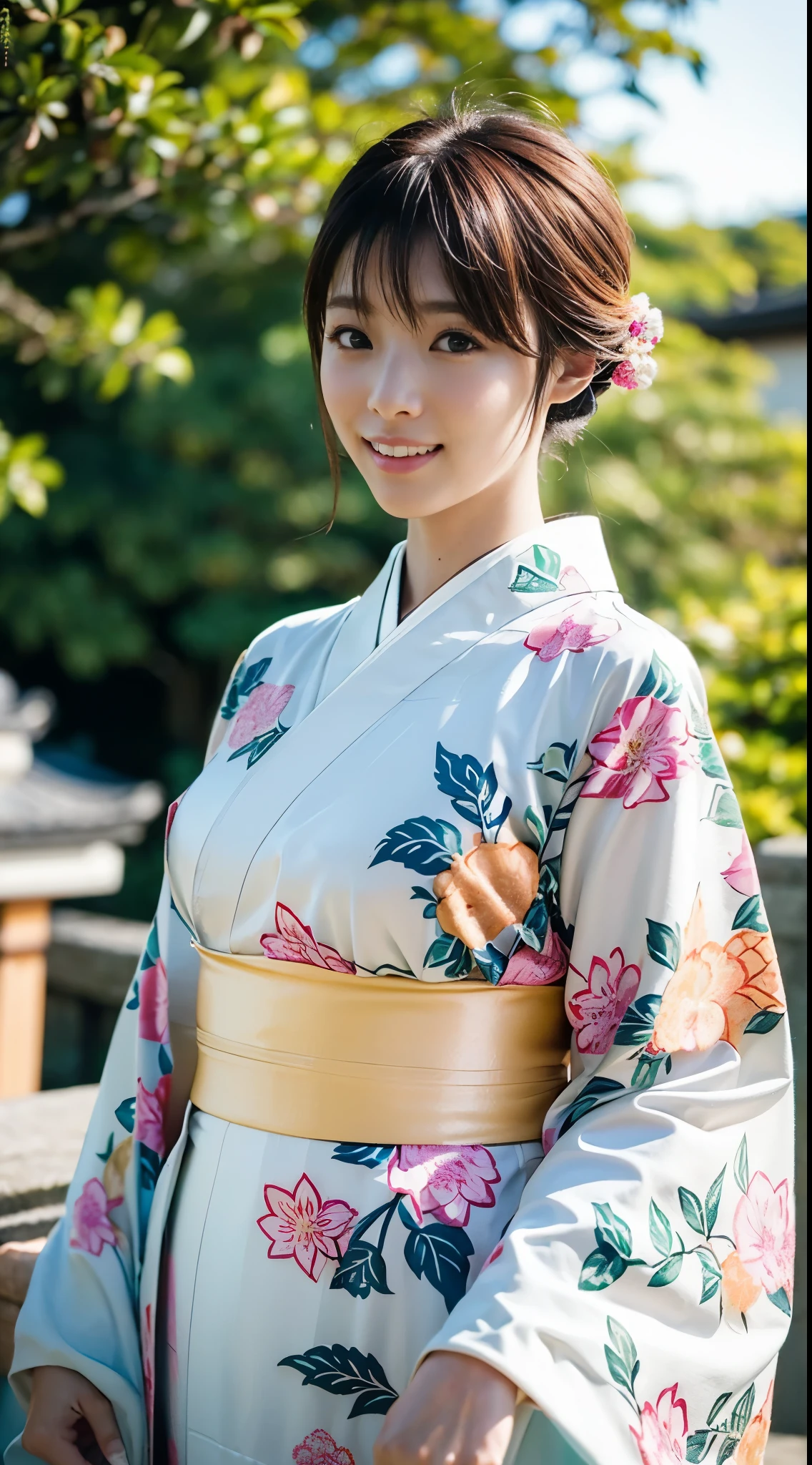 (((A beautiful woman wearing a long-sleeved kimono and visiting a shrine))),(((A gravure idol who looks good in Japanese clothes is throwing money into the offering))),(((masutepiece:1.6))),(((ulzzang-6500))),(((perfect anatomia:1.6))),(((Deep depth of field with Hasselblad))),(((Sexy waist))),​masterpiece,top-quality,超A high resolution,High detailed portrait,(photographrealistic:1.4),(((High nose and chiseled beautiful face))),(((Long limbs like a model))),The fair-skinned nape of the neck is dazzling,(((She is wearing beautiful formal Japanese clothing that shows off her body lines.))),Raise your chin and look up at the sky,((Full body shooting from the side)),Cute 20 years old, Her long, lustrous chestnut hair flutters in the wind.,((Proud F cup beautiful breasts )),(I can&#39;t get enough of my waistline),(Famous popular actresses of Japan),(Tuck your chin, raise the corners of your mouth and eyebrows, and smile),A detailed eye,((Gravure photoshoot at a shrine with an elegant atmosphere full of trees)),((long eyelashes and large eyes,,Distinct double eyelids,((shiny thick lips)),(((perfect anatomia:1.4))),