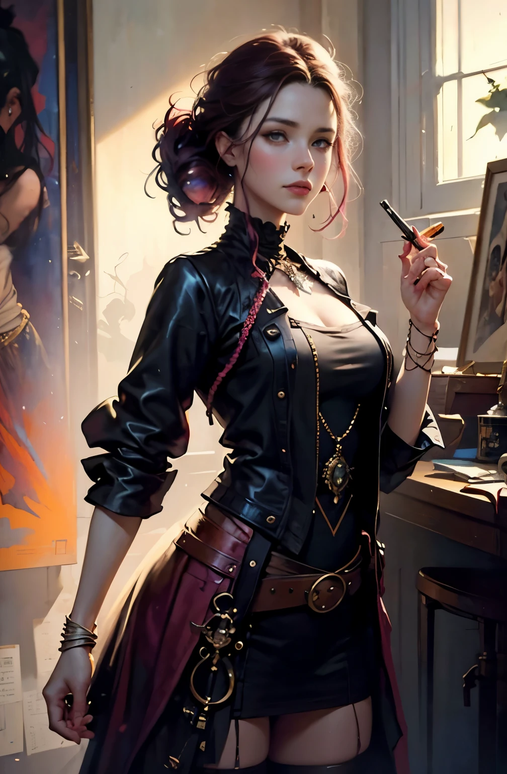 magenta and orange tones, painting of a woman, Gone with the wind, with influence of Jeremy Mann, Jeremy Mann, style of Jeremy Mann, Jeremy Mann painting, Jeremy Mann art, Ron Hicks, Liepke, Jeremy Mann and alphonse mucha, Works that influenced Edmund Blampid, robert lenkiewicz, Casey Boe and James Jean, Inspired by Willem Kalf, Nick Alm, Tumbler, figurative art, Intense watercolor painting, watercolor detail art,expressive beautiful painting, a beautiful artwork illustration, very colorful tones, Fantastical, Cool Beauty, Best Quality,Official art, Female Solo, sharp outline, a closeup, supreme work of art, Beautifully Aesthetic