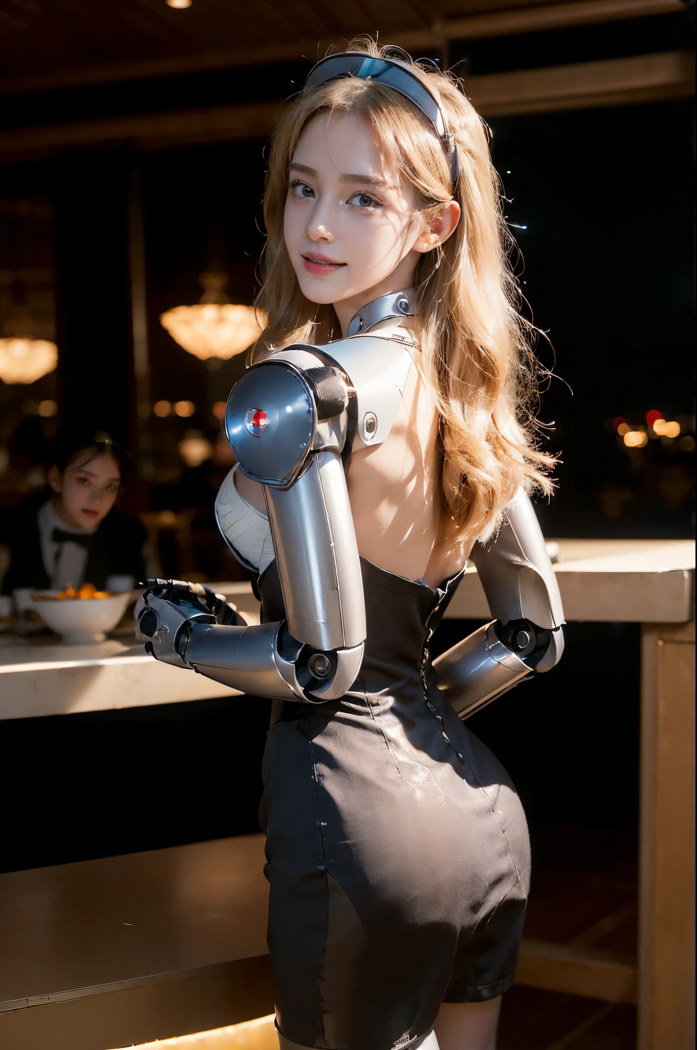 ((((8k))),((Extremely meticulous CG)) ,(wallpaper),16k,((Extremely refined and beautiful))，(((Masterpiece))),(((best qualtiy))),(((Ultra High Resolution))),beautiful light up,Perfect lightning,realistic shaded,[A high resolution],(Smooth and flawless fair skin:1.5),(pale skin:1.3),Extremely exquisite facial details,(perfect body：1.1),ultra - detailed,A beautiful girl,(robot maid:1.5),solo,small head,(long blond hair:1.1),(Hair fluttering:1.1),small face,Exquisite makeup,(small breasts:1.1),flat chests,slim,thin,happy,(Smile:1.2),(pantyhose:1.2),(high heels:1.2),(night scene:1.5),indoor,(detailed background:1.5),standing,(upper body:1.2),(from back:1.2),(Impresionismo:1.2),Robot Butler,(in a restaurant:1.2),blurry backround,Machine body,A maid with a twinkle in the eye,made of metal,pinafore,Machine Made,Metal headband,Curve,cleavage