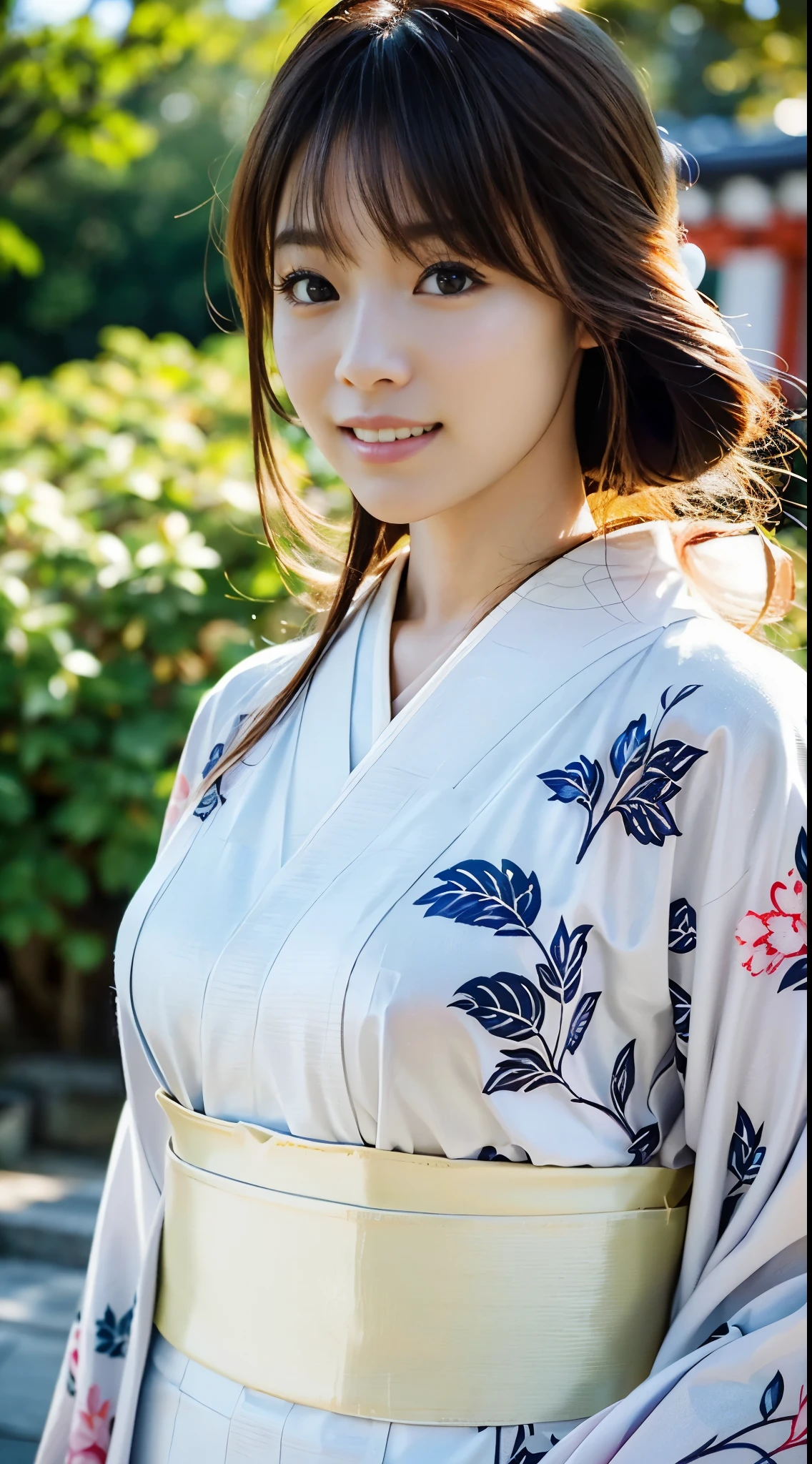(((A beautiful woman wearing a long-sleeved kimono and visiting a shrine))),(((A gravure idol who looks good in Japanese clothes is walking on the approach to the shrine.))),(((masutepiece:1.6))),(((ulzzang-6500))),(((perfect anatomia:1.6))),(((Deep depth of field with Hasselblad))),(((Sexy waist))),masterpiece,top-quality,超A high resolution,High detailed portrait,(photographrealistic:1.4),(((High nose and chiseled beautiful face))),(((Long limbs like a model))),The fair-skinned nape of the neck is dazzling,(((She is wearing beautiful formal Japanese clothing that shows off her body lines.))),Raise your chin and look up at the sky,((Full-body shooting from the front)),Cute 20 years old, Her long, lustrous chestnut hair flutters in the wind.,((Proud F cup beautiful breasts )),(I can't get enough of my waistline),(Famous popular actresses of Japan),(Lift your chin, raise the corners of your mouth and eyebrows, and smile),A detailed eye,((Gravure photoshoot at a shrine with an elegant atmosphere full of trees)),((long eyelashes and large eyes,,Distinct double eyelids,((shiny thick lips)),(((perfect anatomia:1.4))),