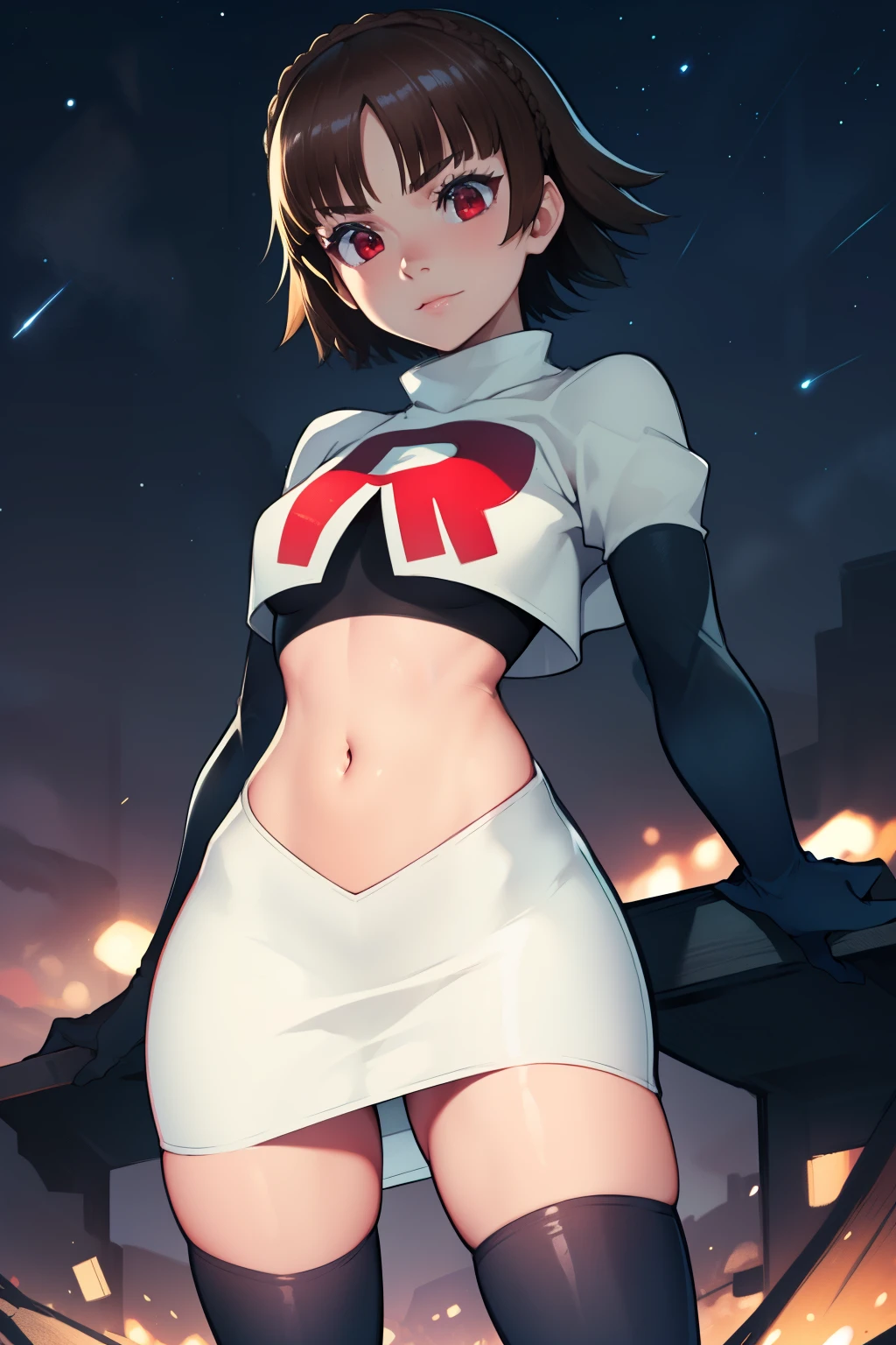 makoto nijima, blunt bangs, braid, brown hair, crown braid, (red eyes:1.3), short hair, team rocket uniform, red letter R, white skirt,white crop top,black thigh-high boots, black elbow gloves, looking at viewer, cowboy shot, sexy pose, night sky background