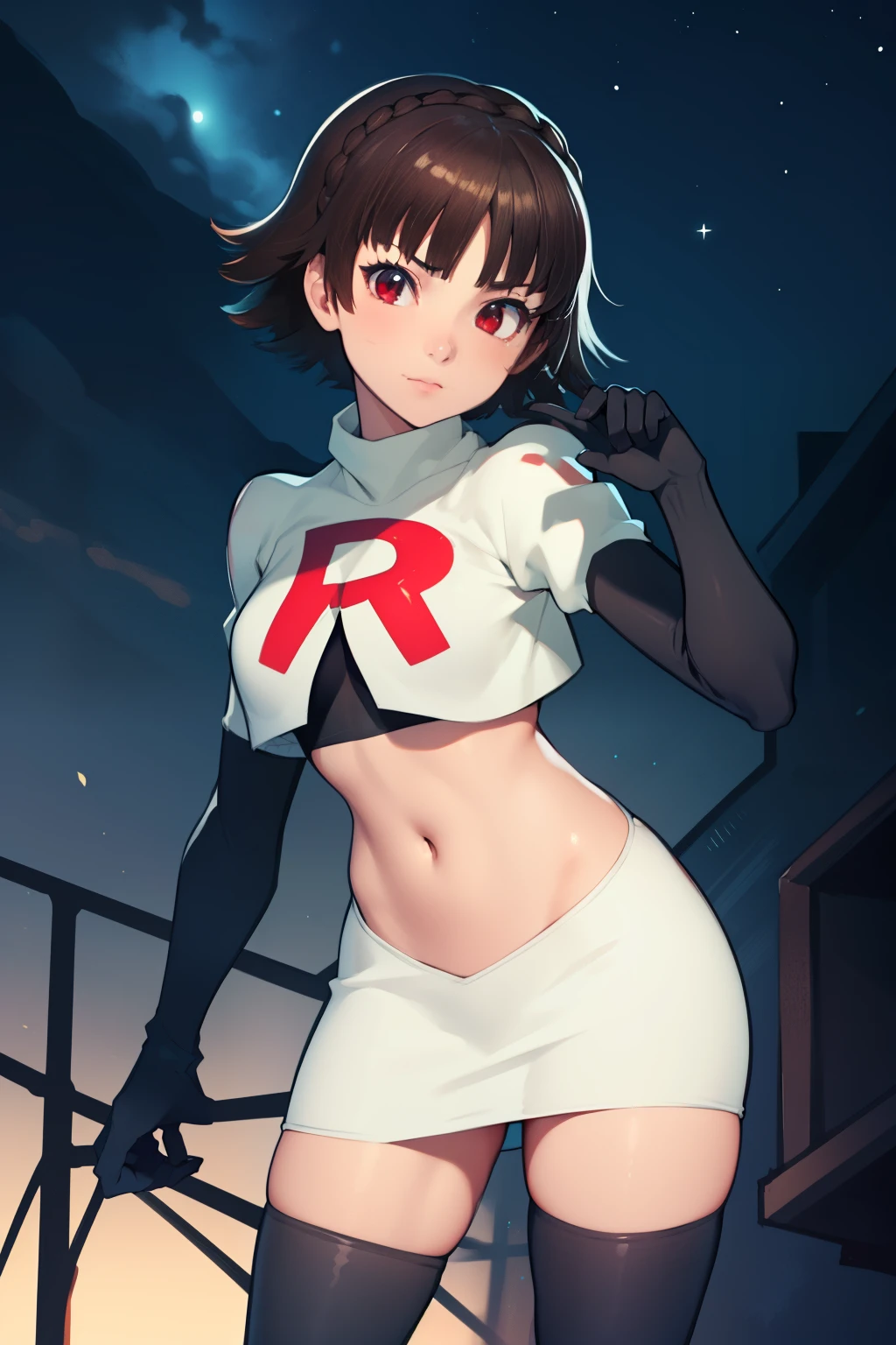 makoto nijima, blunt bangs, braid, brown hair, crown braid, (red eyes:1.3), short hair, team rocket uniform, red letter R, white skirt,white crop top,black thigh-high boots, black elbow gloves, looking at viewer, cowboy shot, sexy pose, night sky background