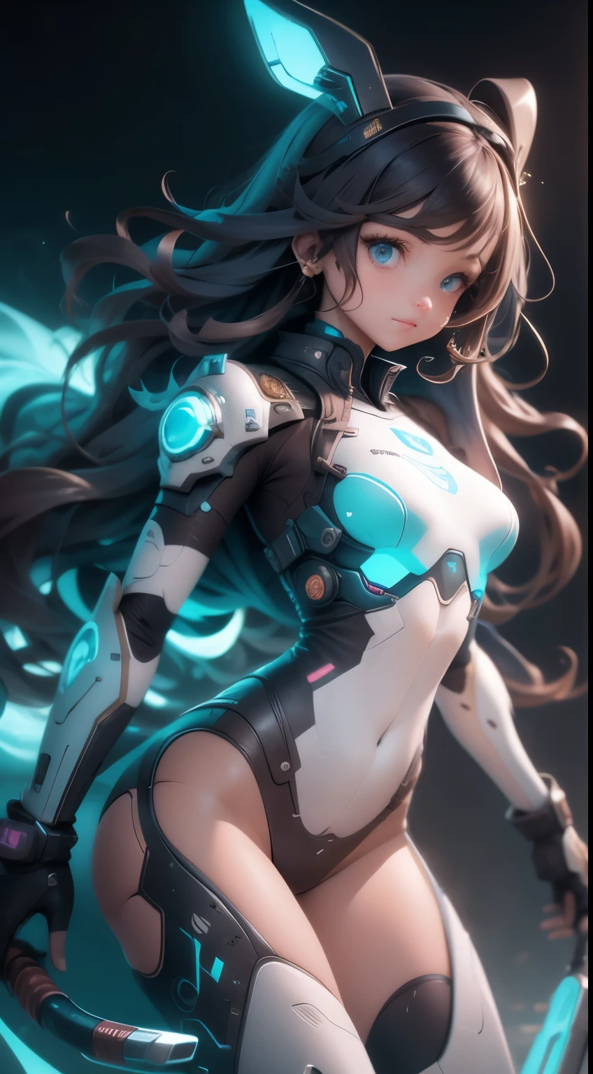 west scroll shooting,21 years old girl, 1girl, blue eyes, brown hair, long hair,  PastelColors, silhuette,weapen,mechanical parts