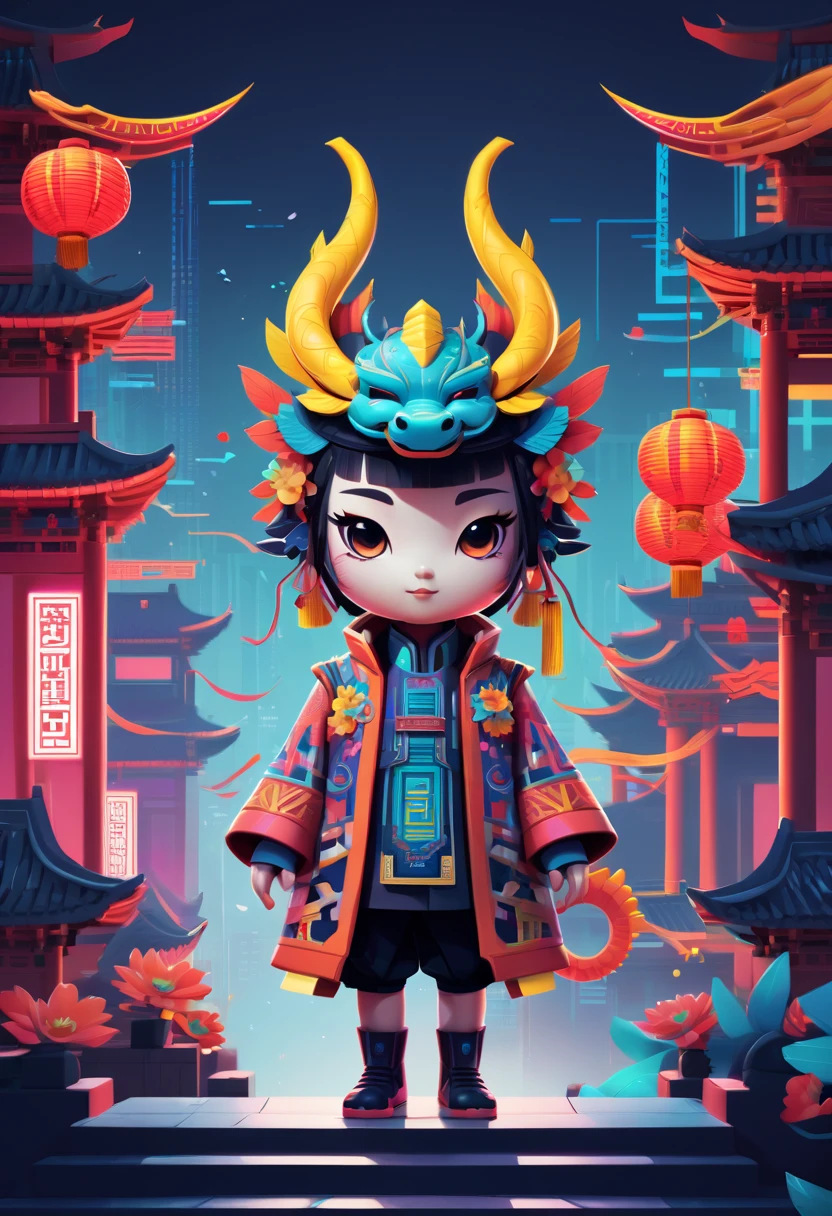 cyber punk personage，cyber punk personage风格新年，a happy new year，neonlight，Create graphic style illustrations using symbolic planes and flat color blocks. With the opera stage and traditional Chinese architecture as the background，Depicts a super cute Chinese dragon. Incorporate symmetrical geometric patterns, Ruyi pattern, and Chinese clothing elements, Includes headdress pattern. Render illustrations in Maya style, Inspired by folk art flower arrangements. Use vibrant color combinations, masks, and totem. Make sure you have a white background, Beautiful borders, Clear silhouette, and emphasize folk themes.